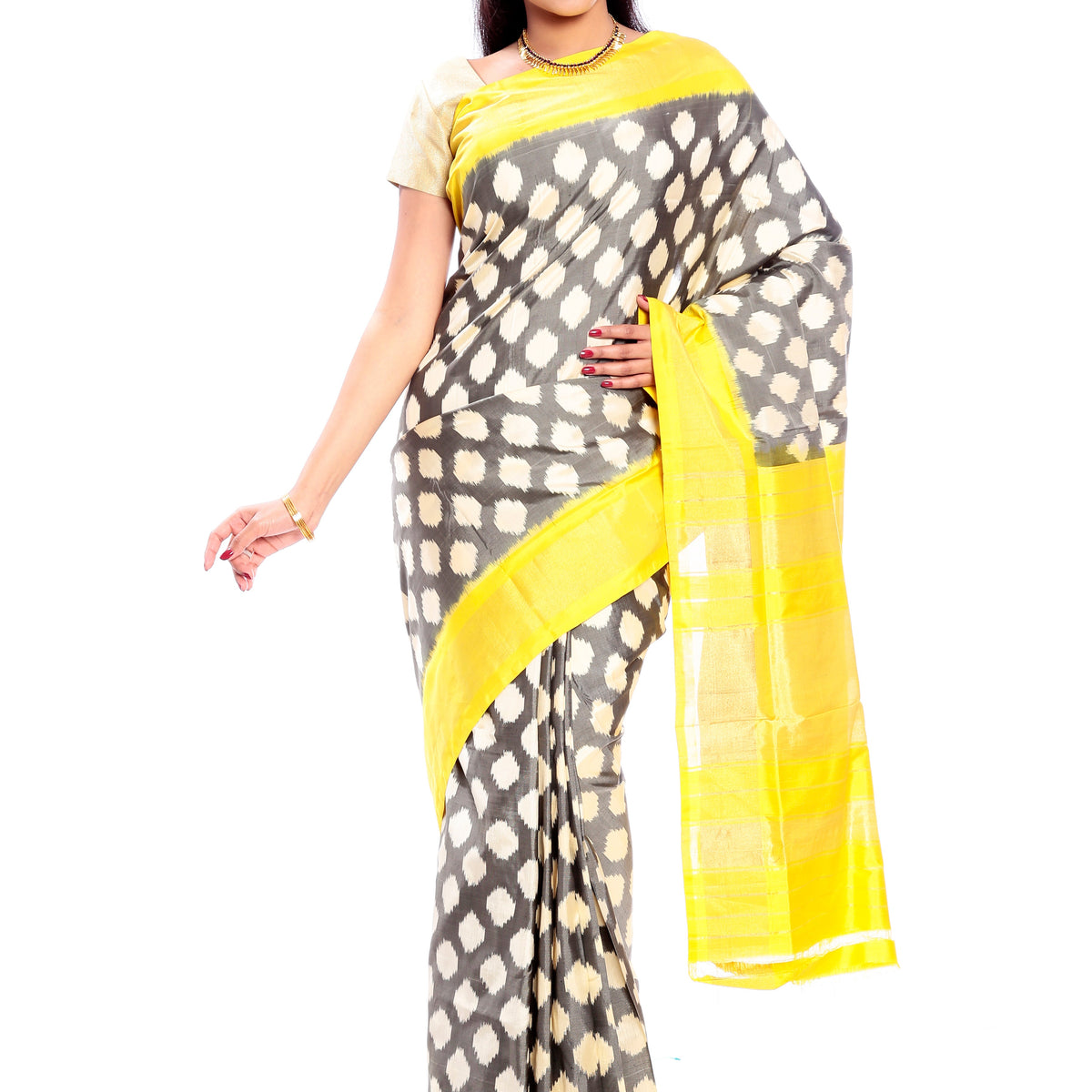 Yellow-Grey Pochampally Saree- Ikkat Silk Saree Online USA, UK