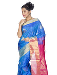 Blue Kanchipuram Silk Saree with elegant motifs and dark pink pallu
