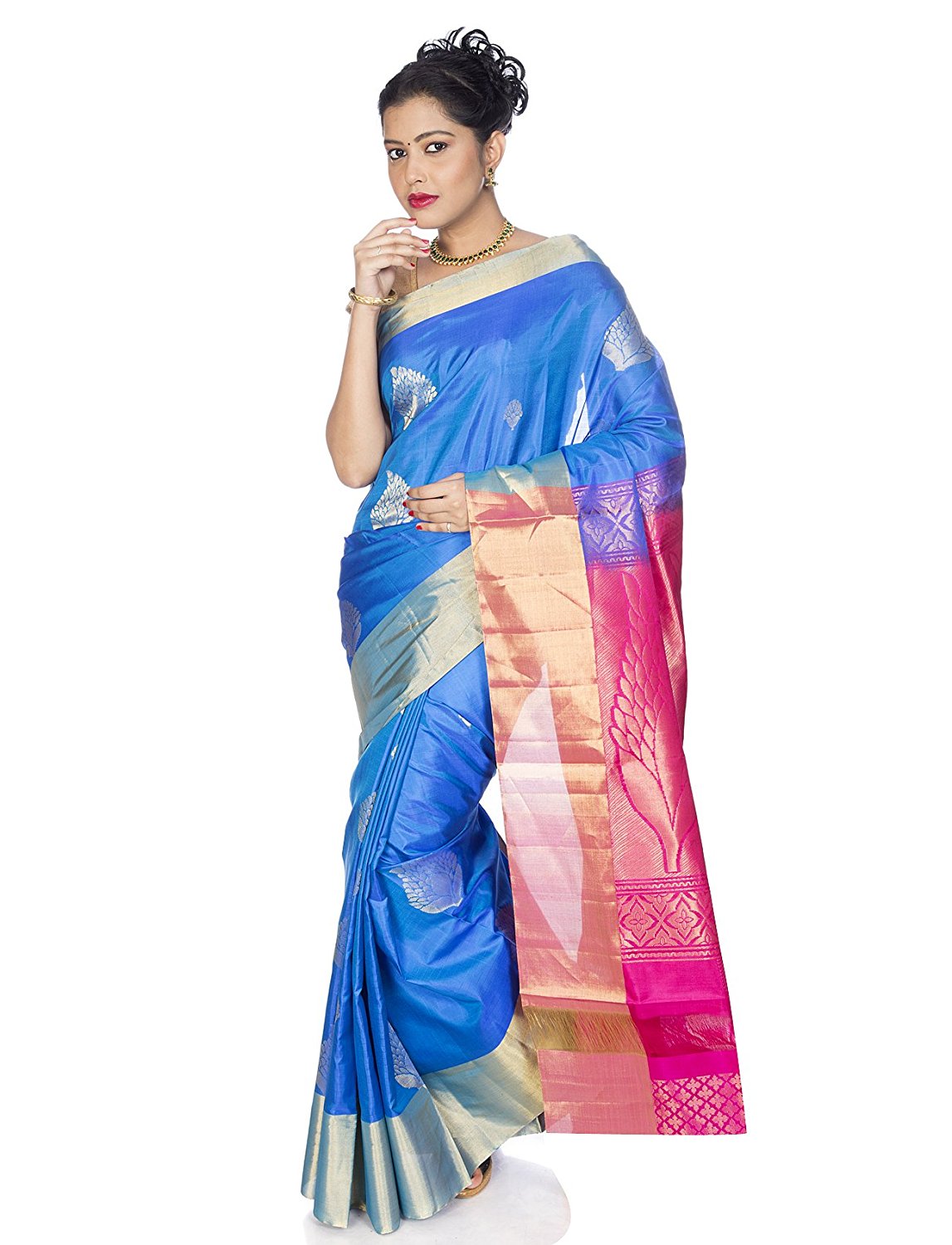 Blue Kanchipuram Silk Saree with elegant motifs and dark pink pallu