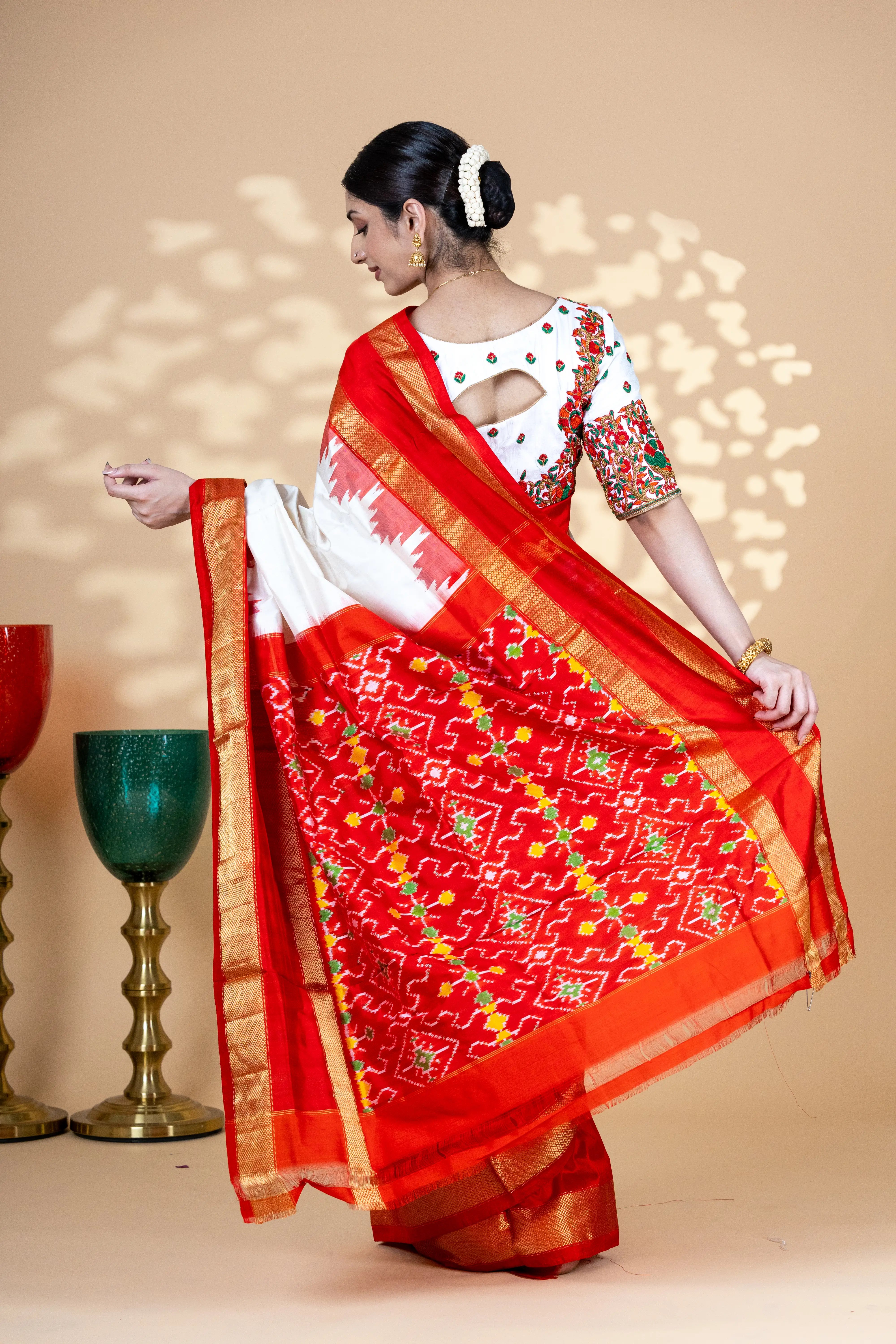 White Pochampally Saree With Contrast Red Zari Border With Ikkat Detailing