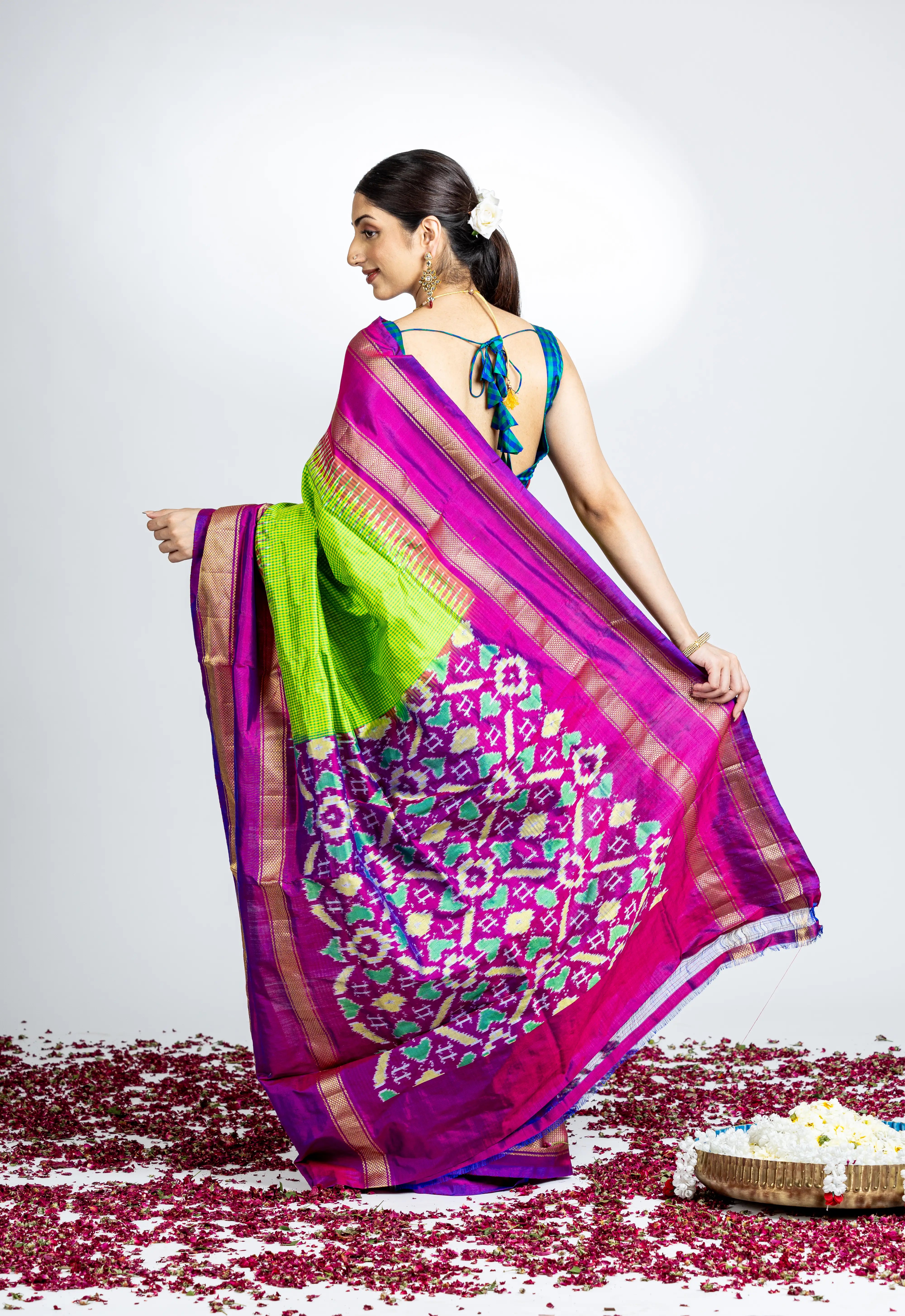 Green Check Pattern Poachampally Saree With Elegant Purple And Zari Border