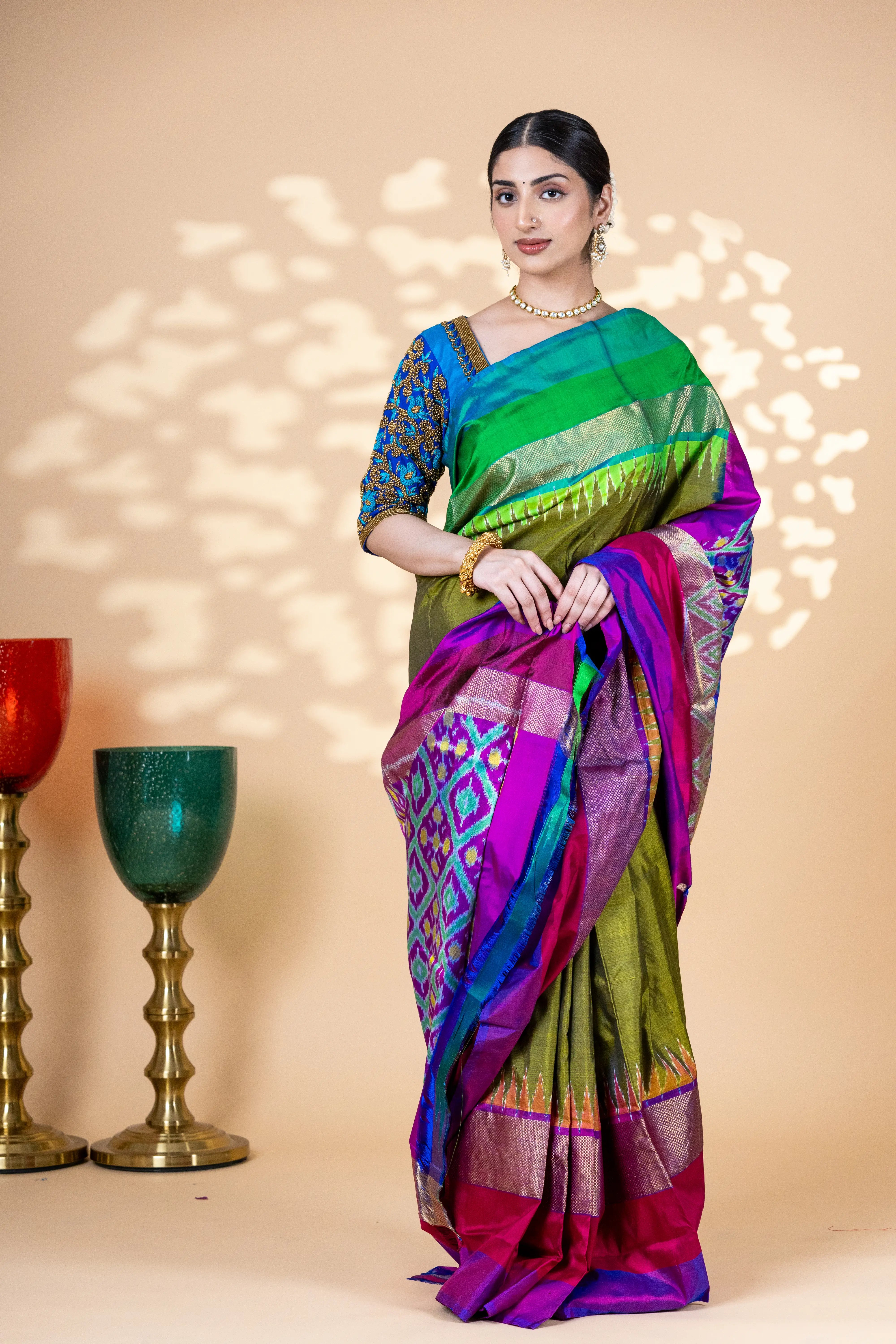 Mehendi green pochampally silk saree with purple pallu and blue, green and zari border