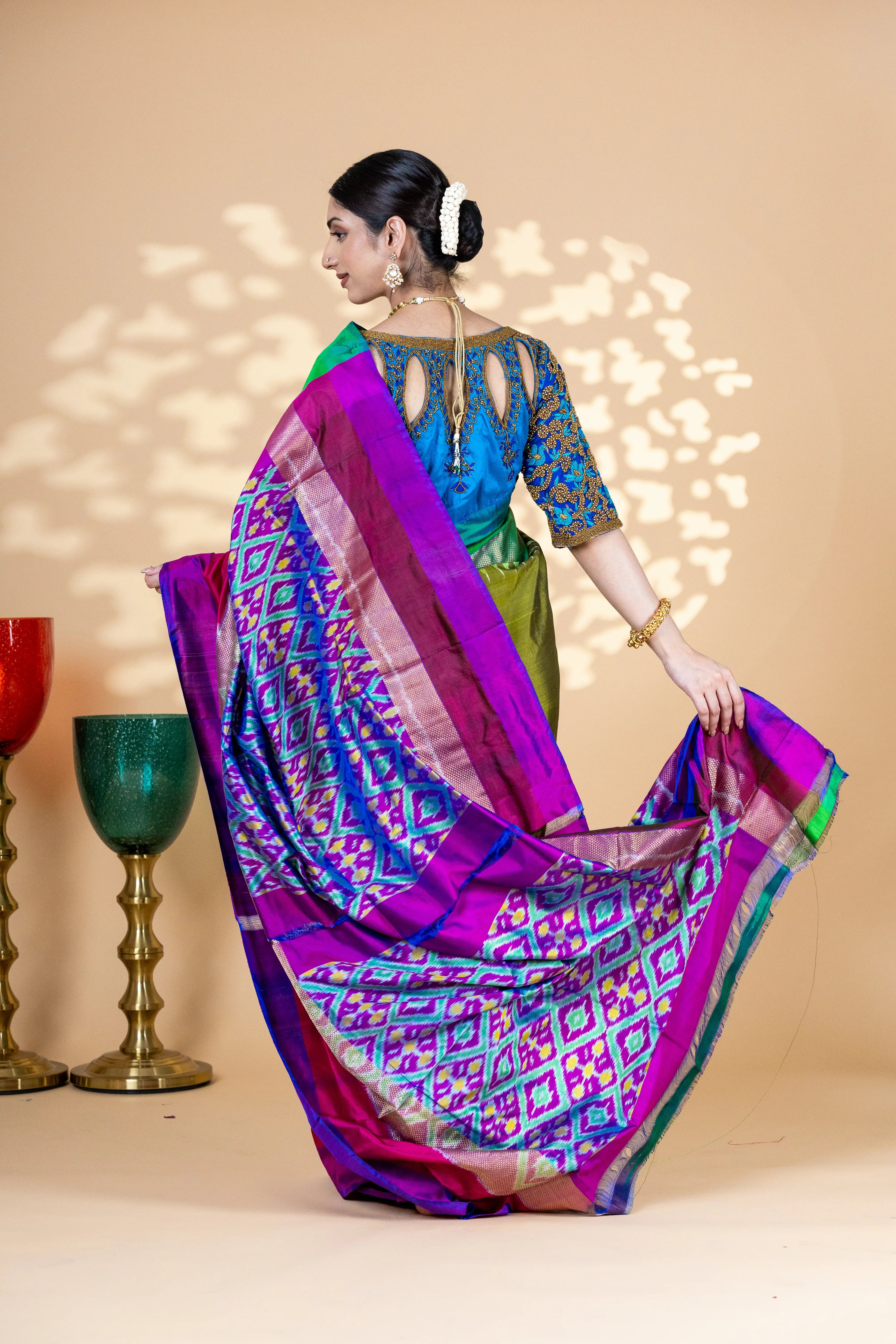 Mehendi green pochampally silk saree with purple pallu and blue, green and zari border