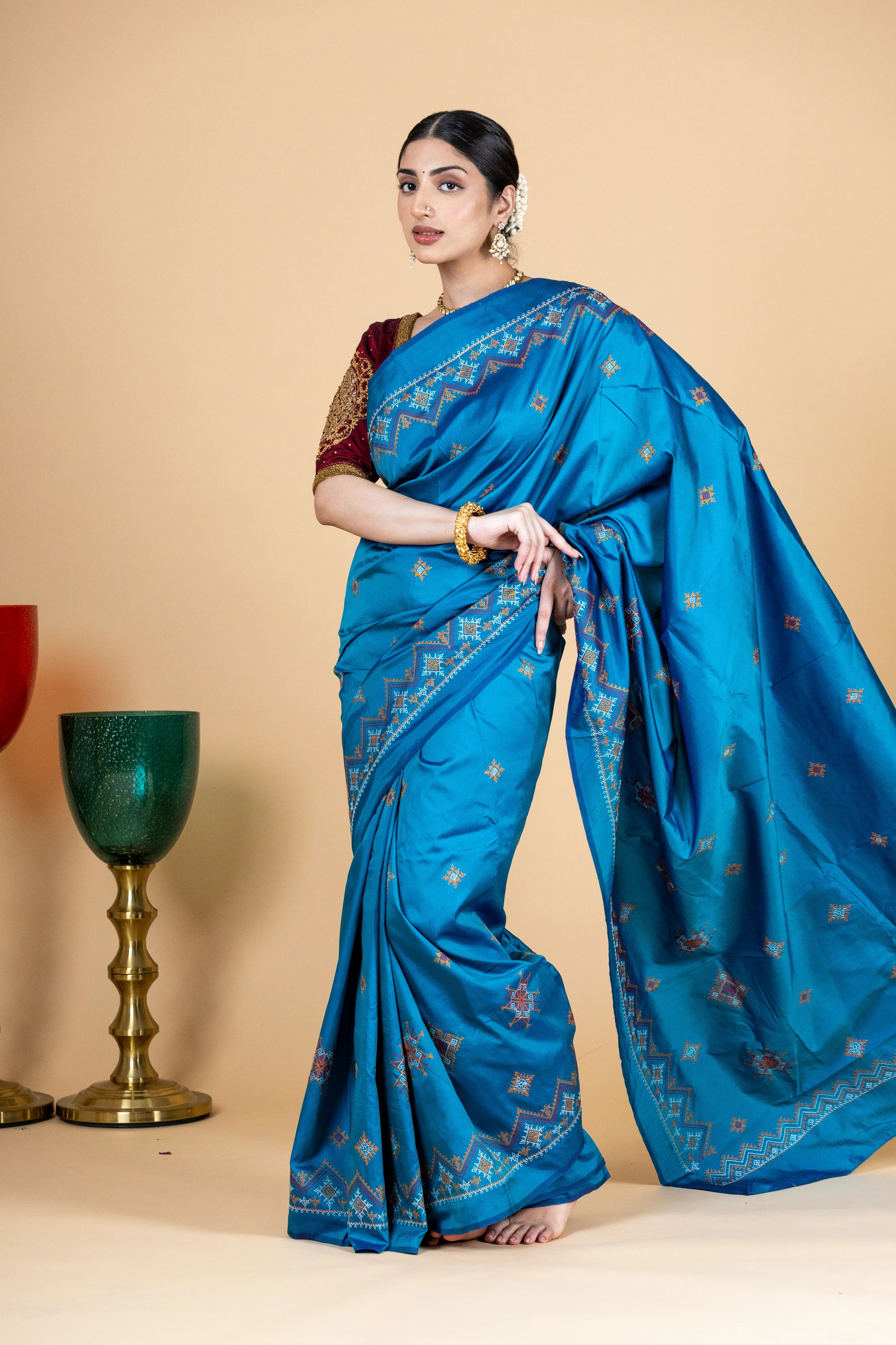 Blue art silk saree with beautiful kasuti embroidery