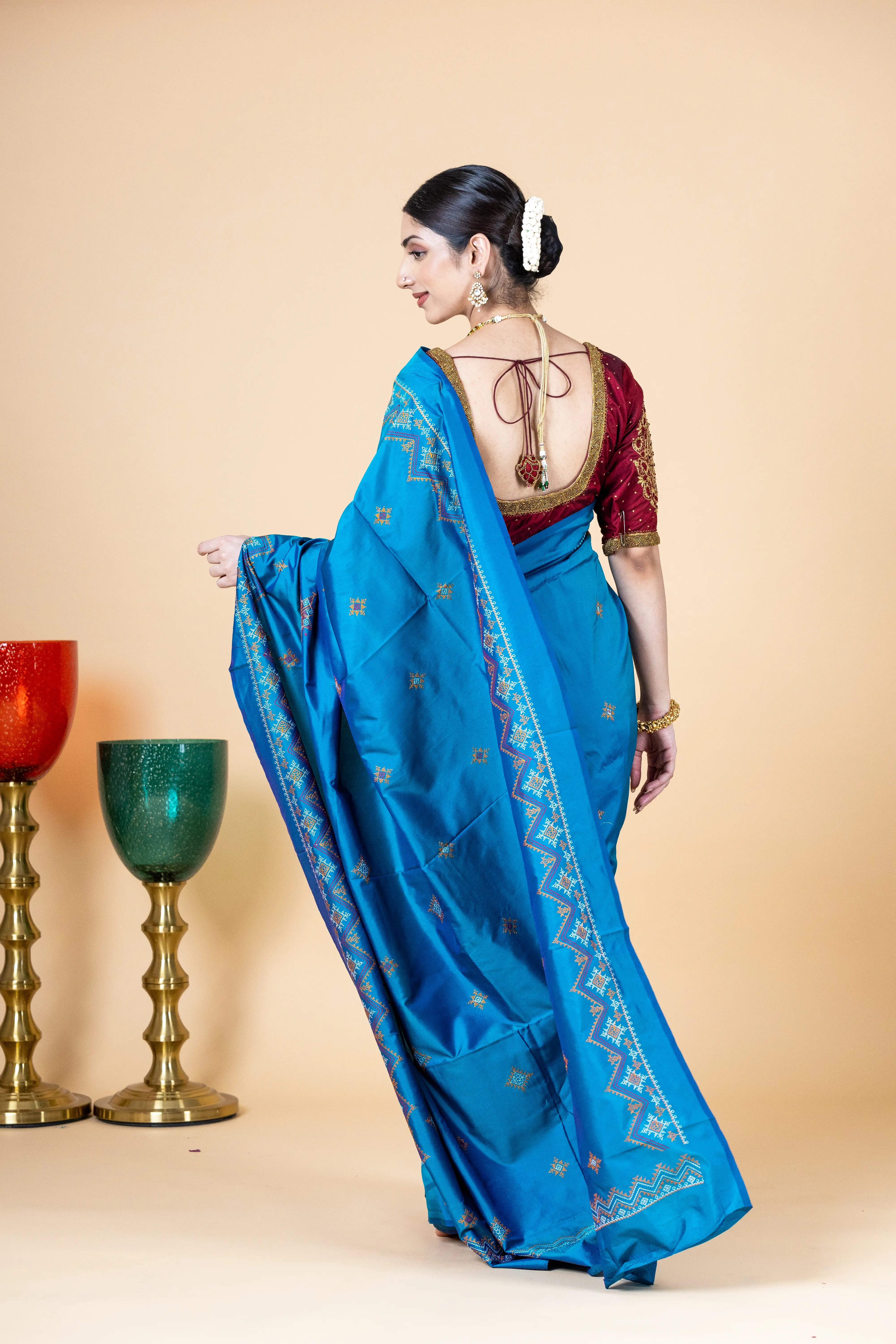 Blue art silk saree with beautiful kasuti embroidery