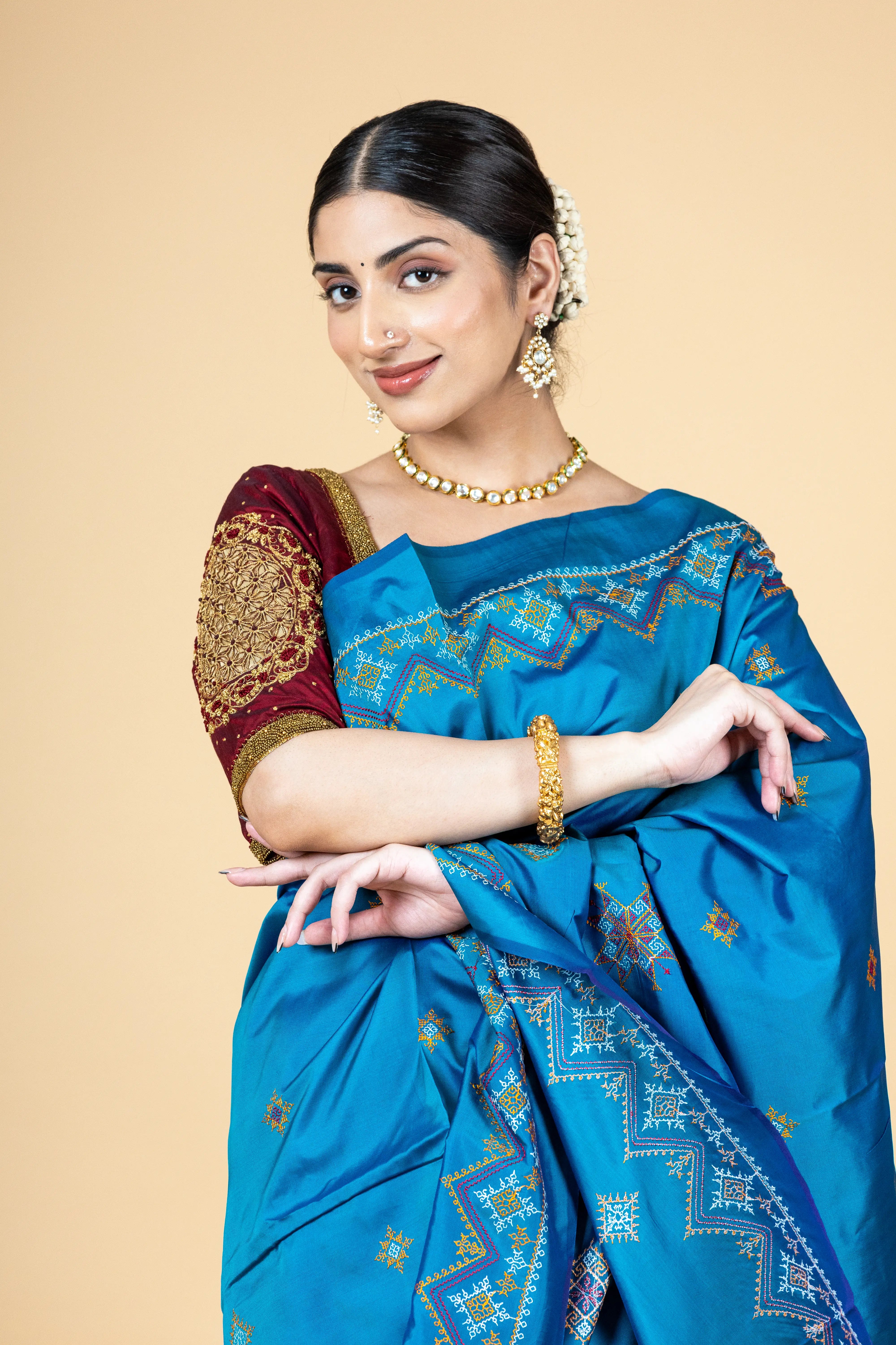 Blue art silk saree with beautiful kasuti embroidery