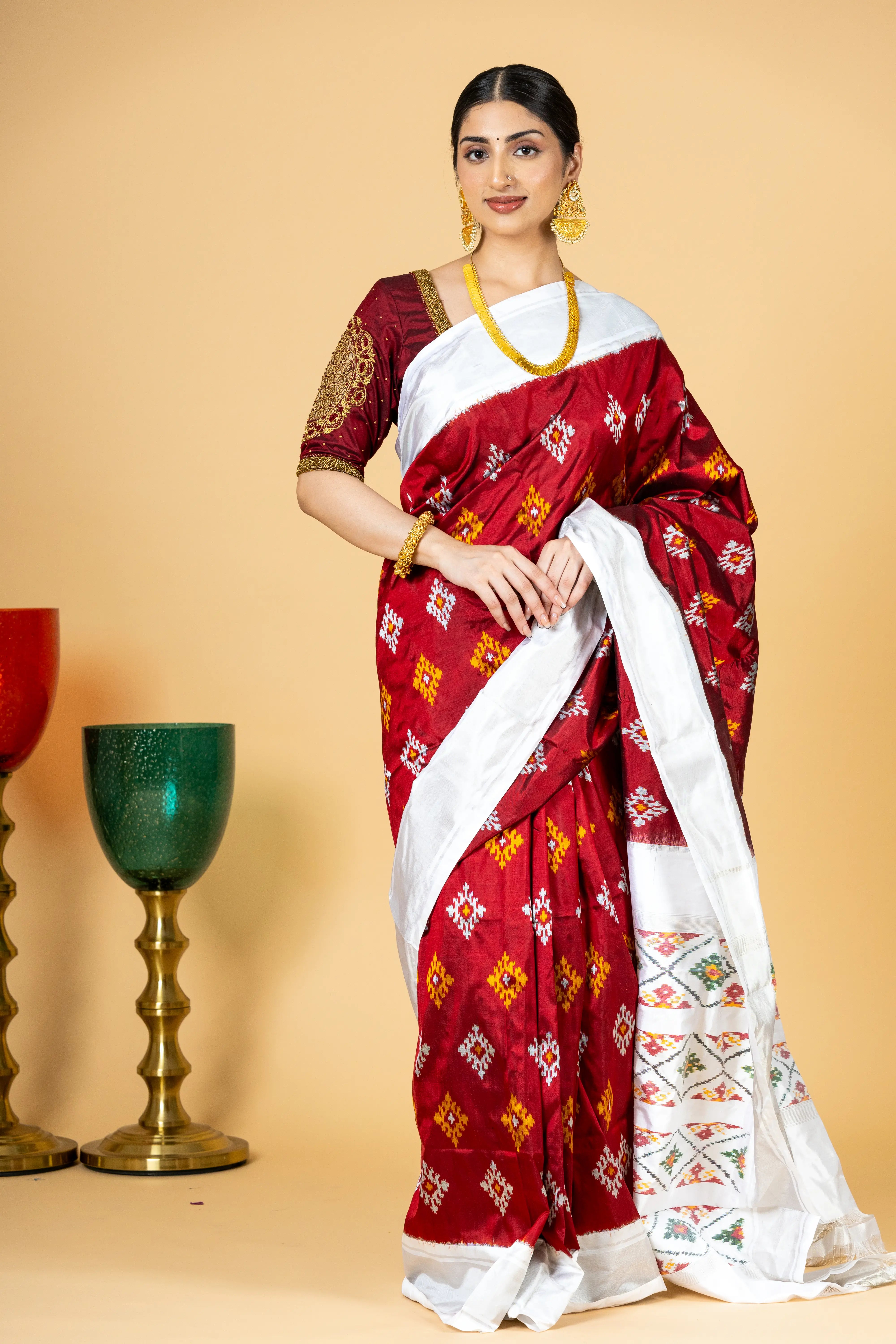 Dark Red Pochampally Saree With Beautiful Motifs And White Border