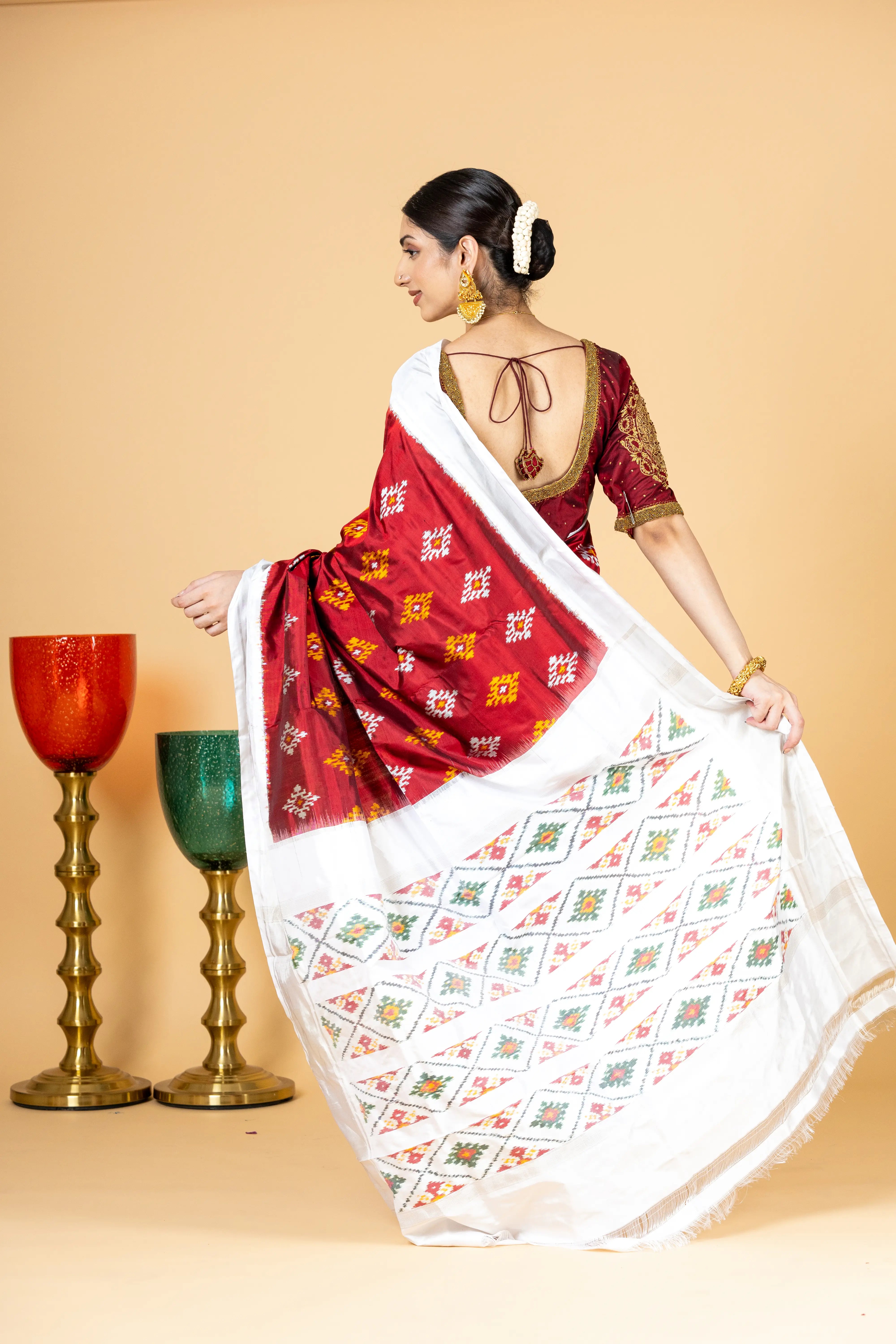 Dark Red Pochampally Saree With Beautiful Motifs And White Border