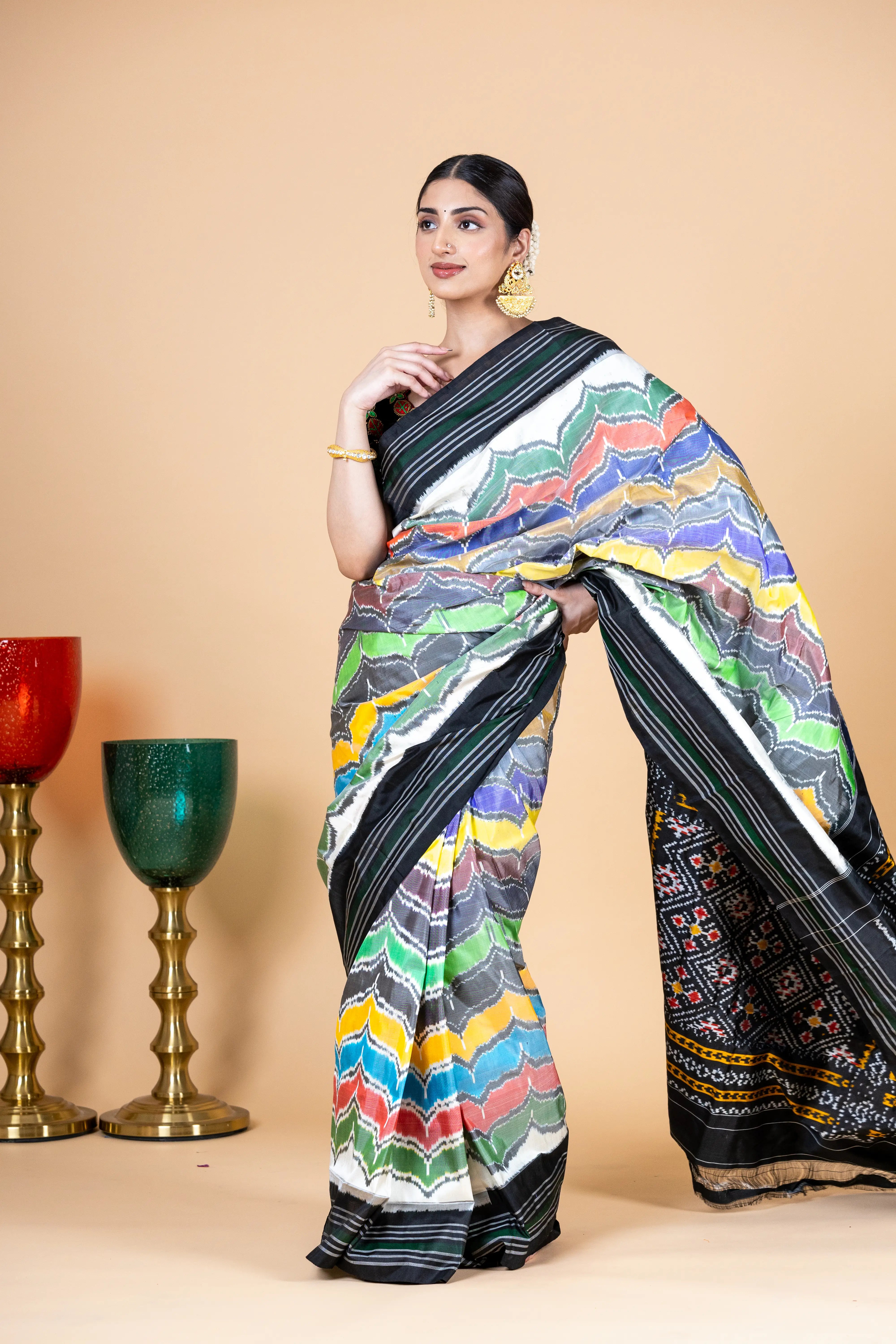 Multi Color Pattern White Pochampally Saree With Black Border With Beautiful Line Detailing
