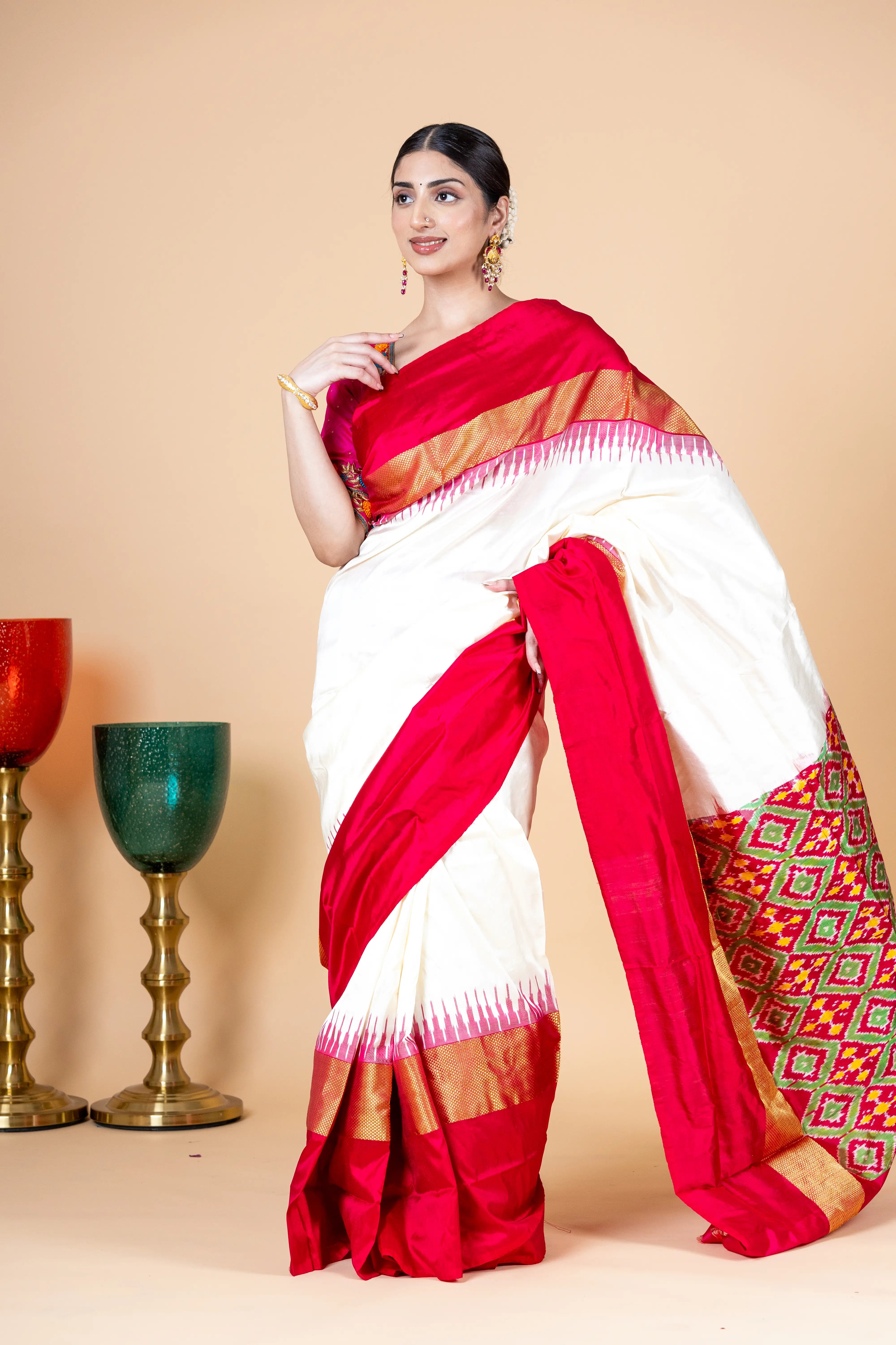Classic White And Red Pochampally Saree With Red And Zari Border With Ikkat Detailing