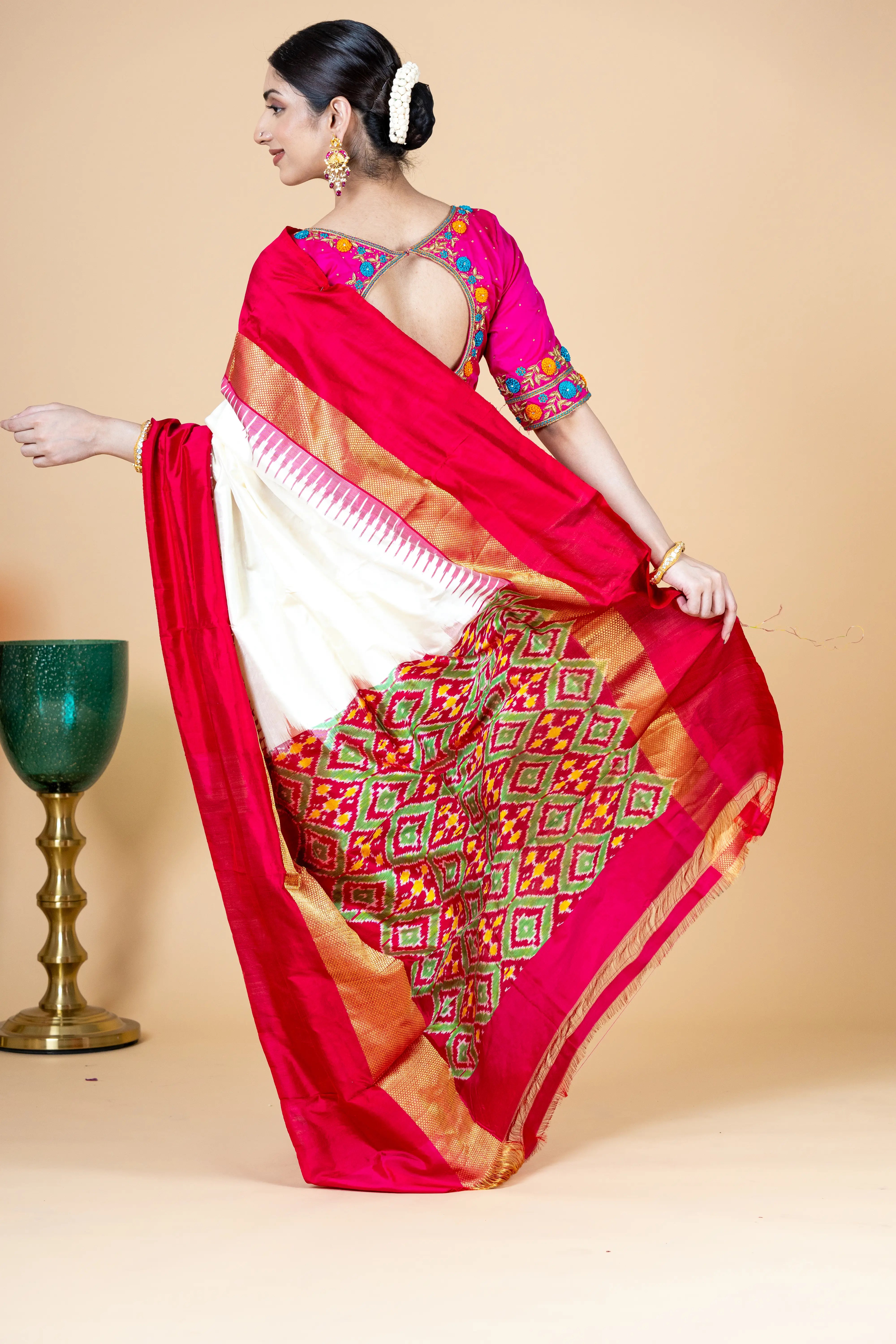 Classic White And Red Pochampally Saree With Red And Zari Border With Ikkat Detailing