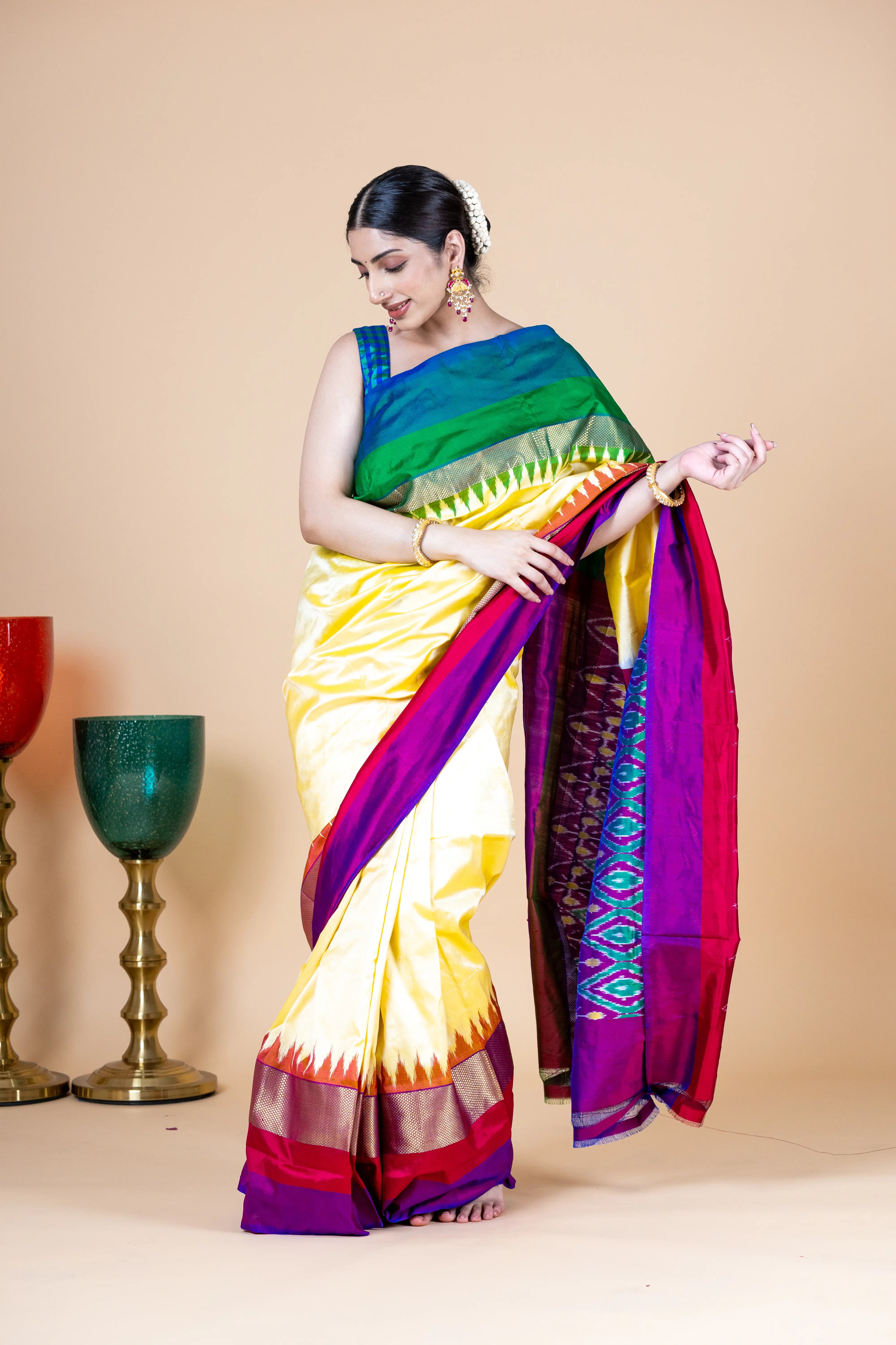 Light Yellow Pochampally Saree With Contrast And Bright Multi Color Border