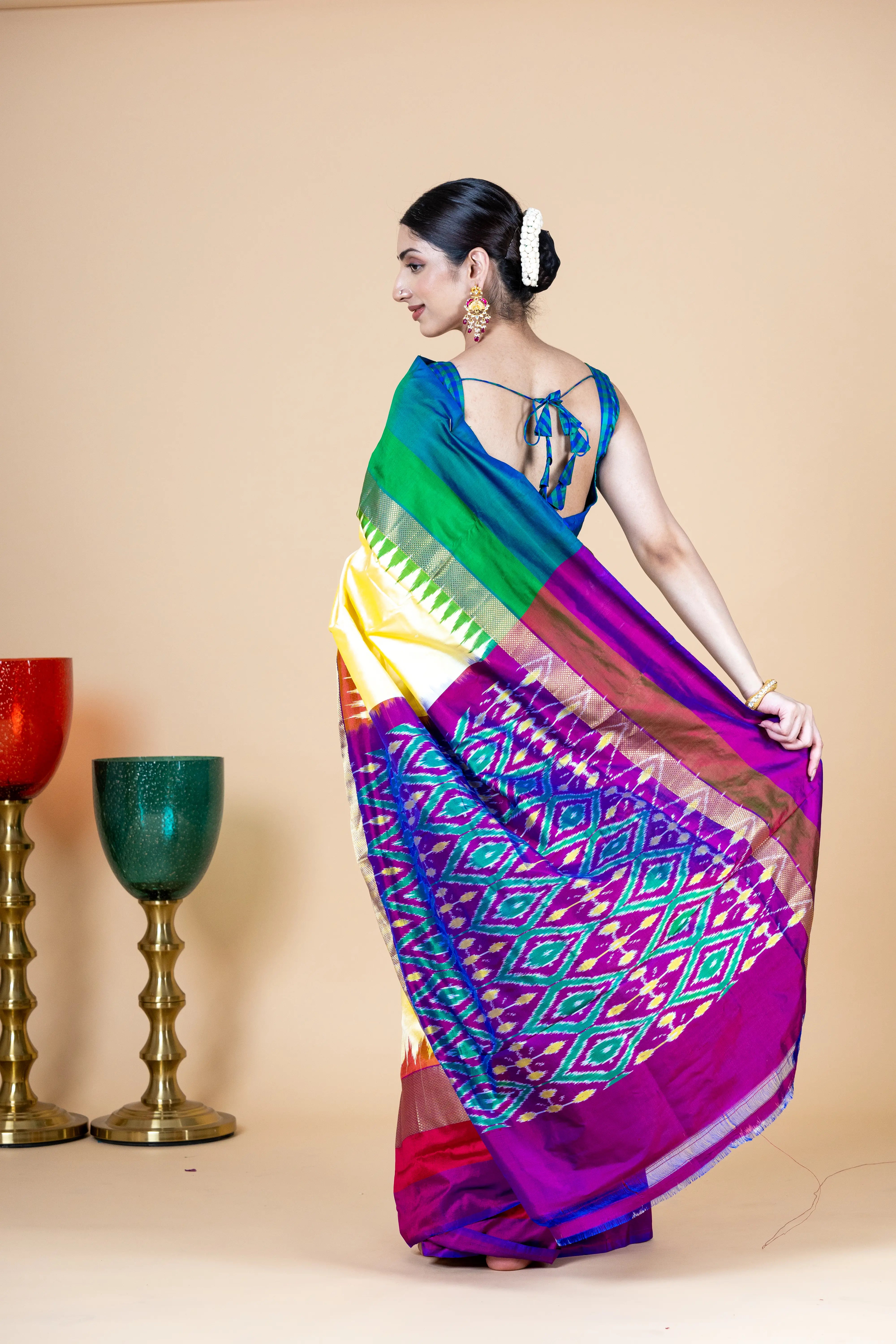 Light Yellow Pochampally Saree With Contrast And Bright Multi Color Border
