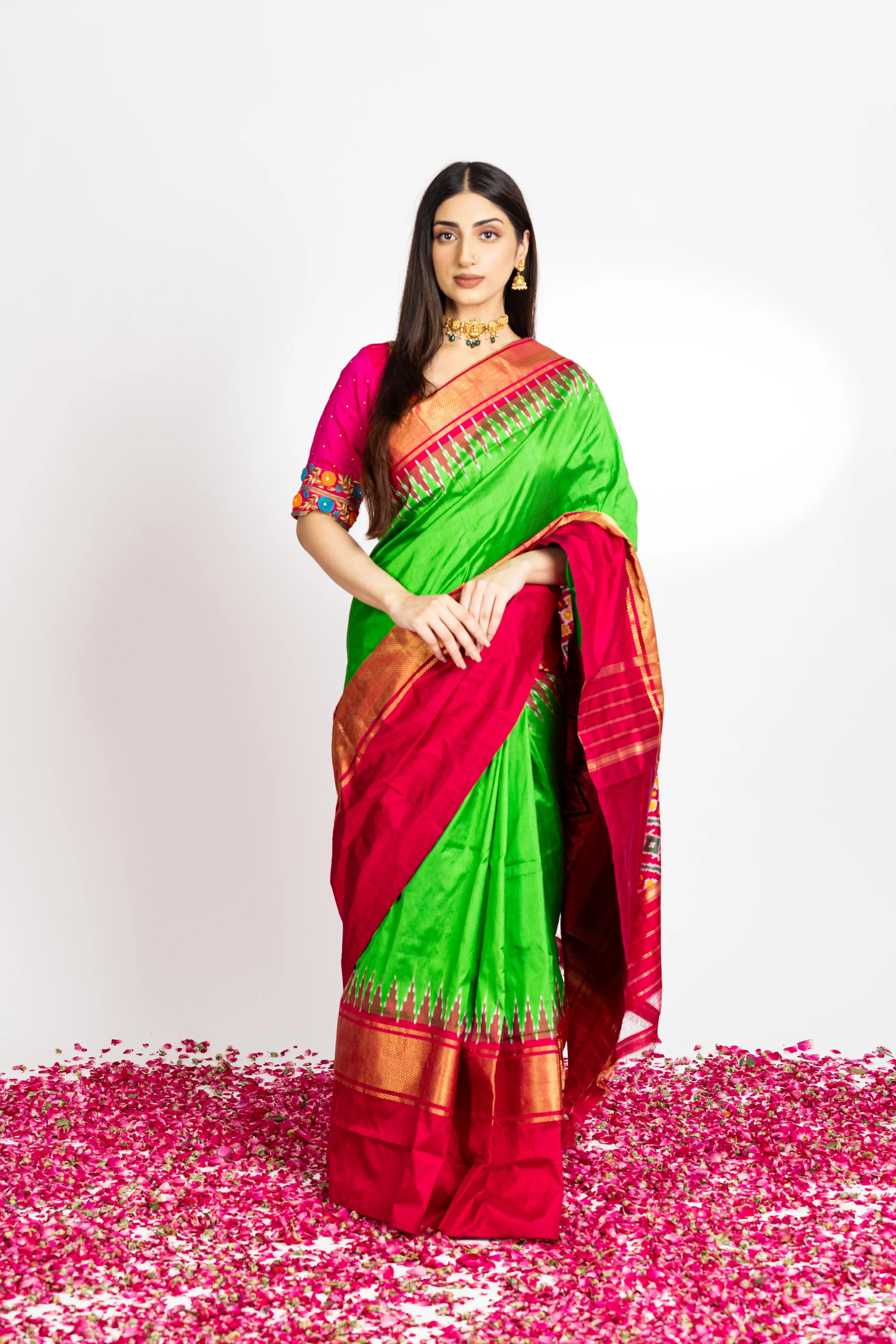 Parrot Green Pochampally Saree With Beautful Red And Zari Borde With Ikkat Detailing