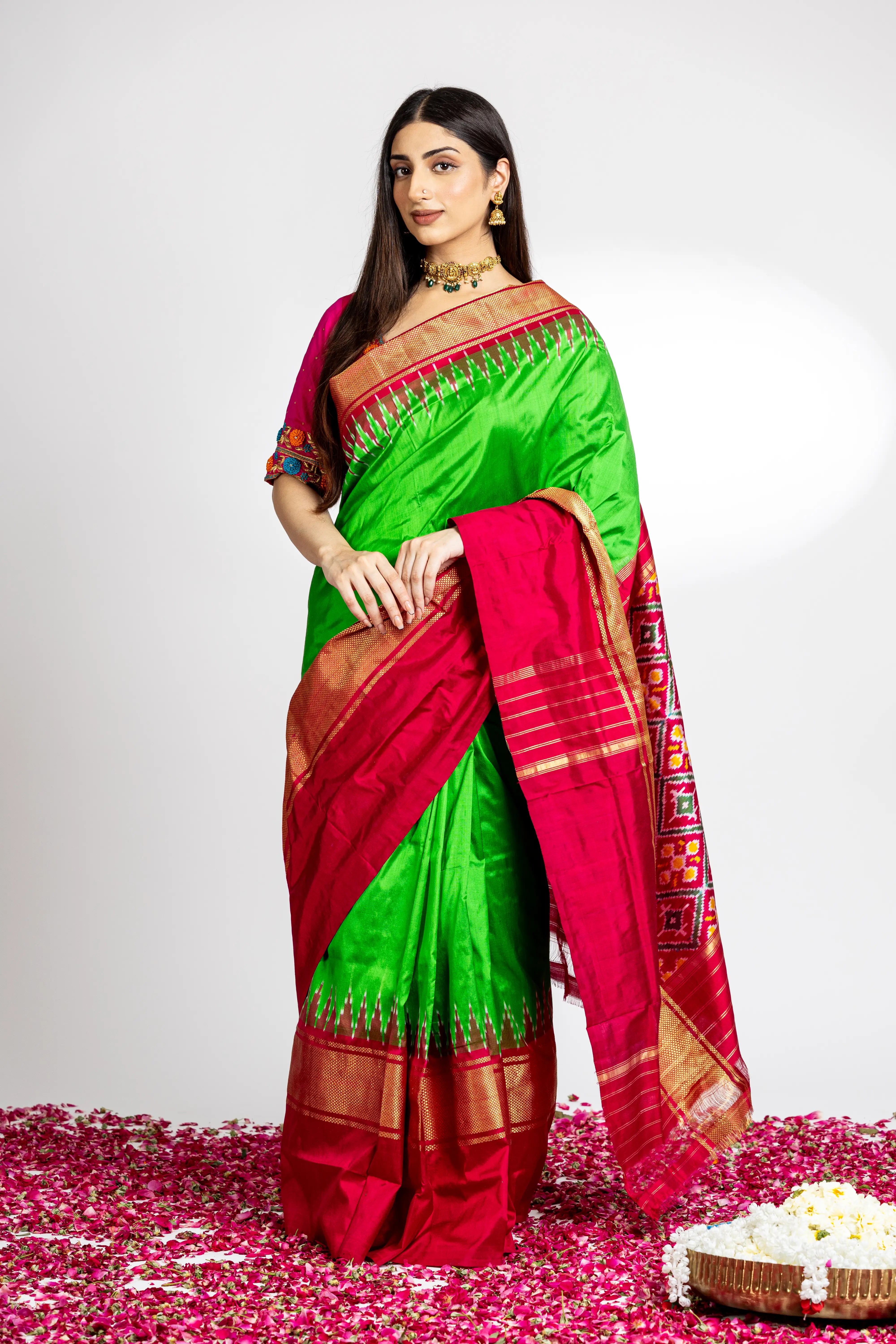 Parrot Green Pochampally Saree With Beautful Red And Zari Borde With Ikkat Detailing