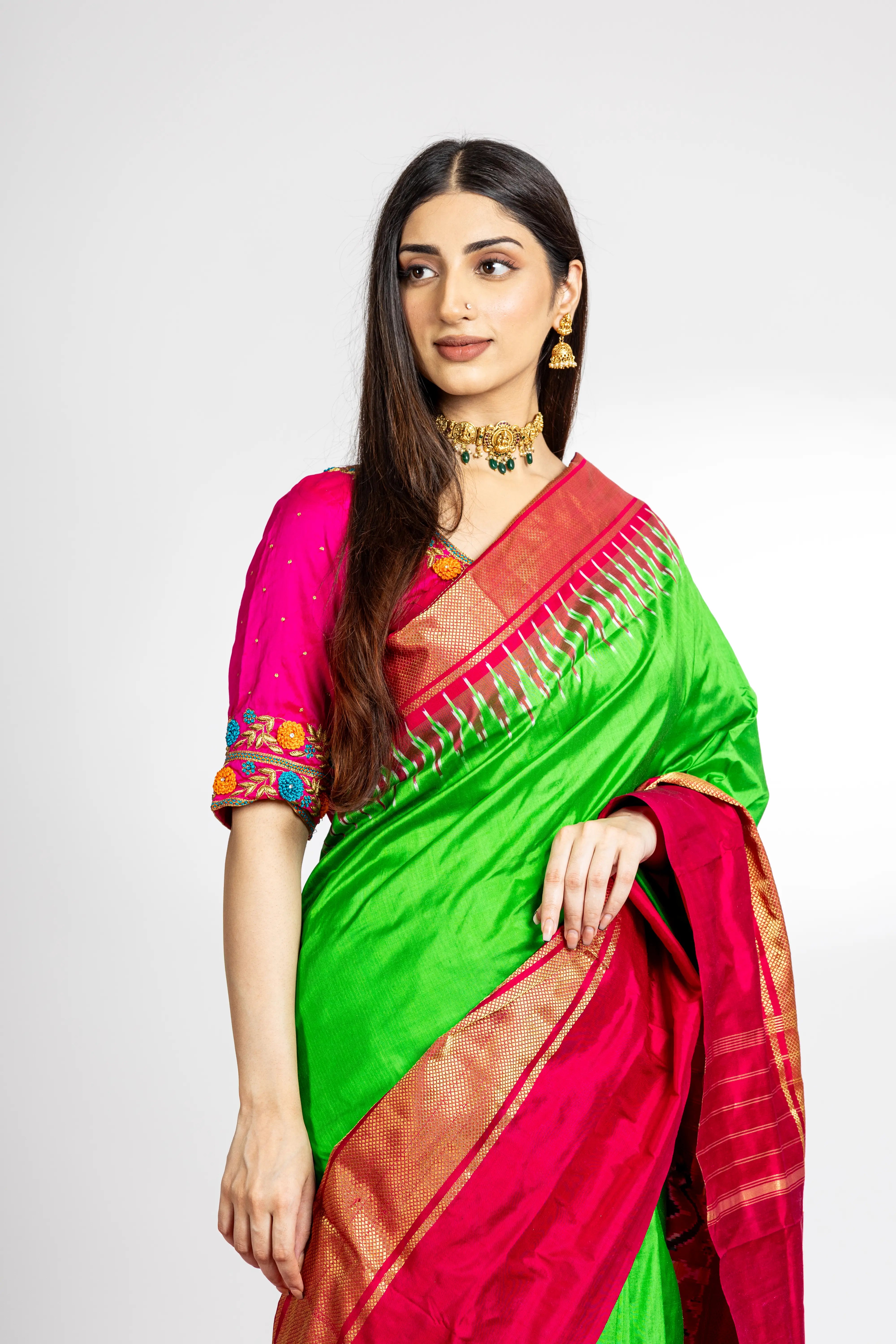 Parrot Green Pochampally Saree With Beautful Red And Zari Borde With Ikkat Detailing