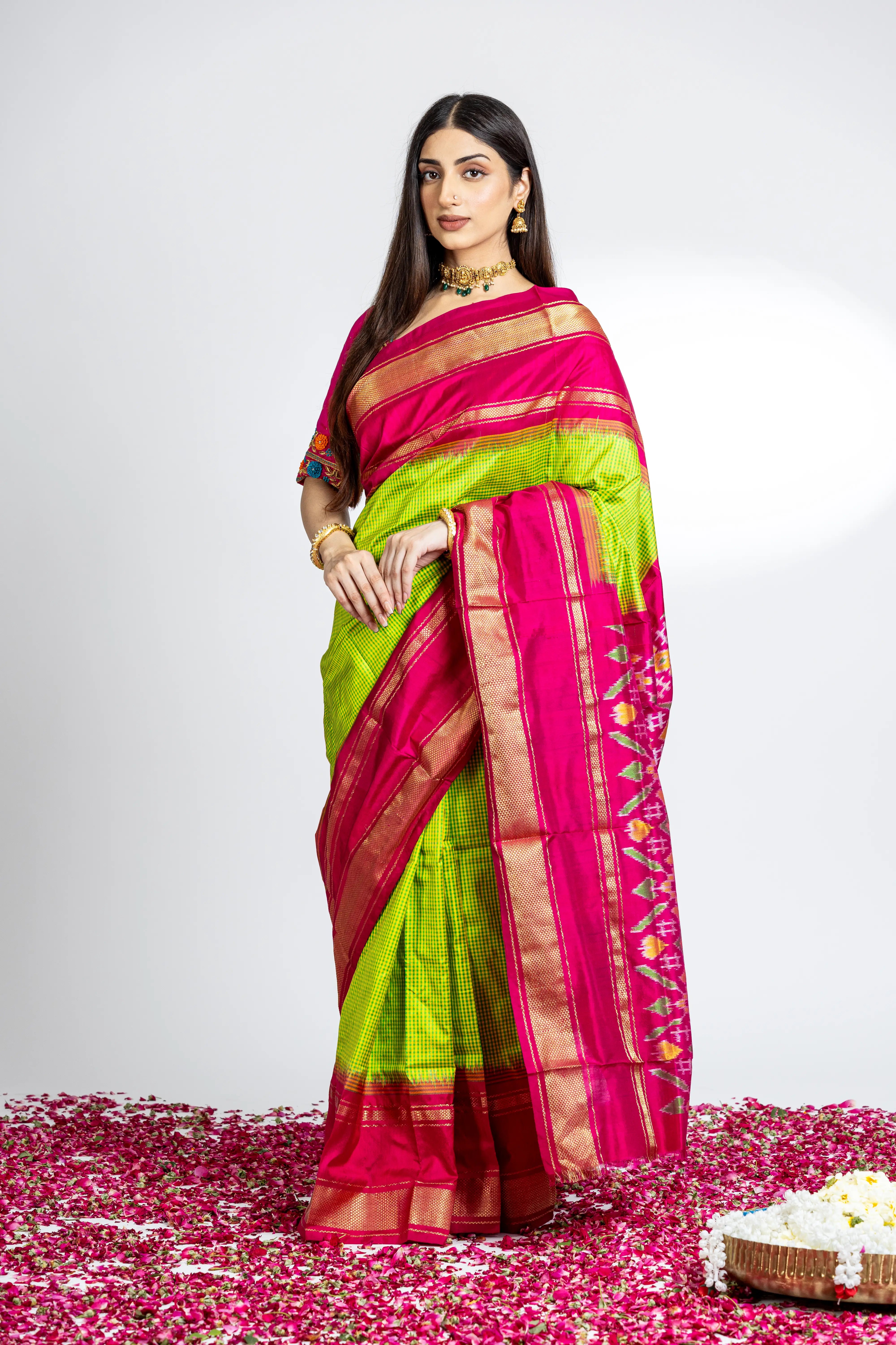 Green Check Pattern Pochampally Saree With Elegant Pink And Zari Border
