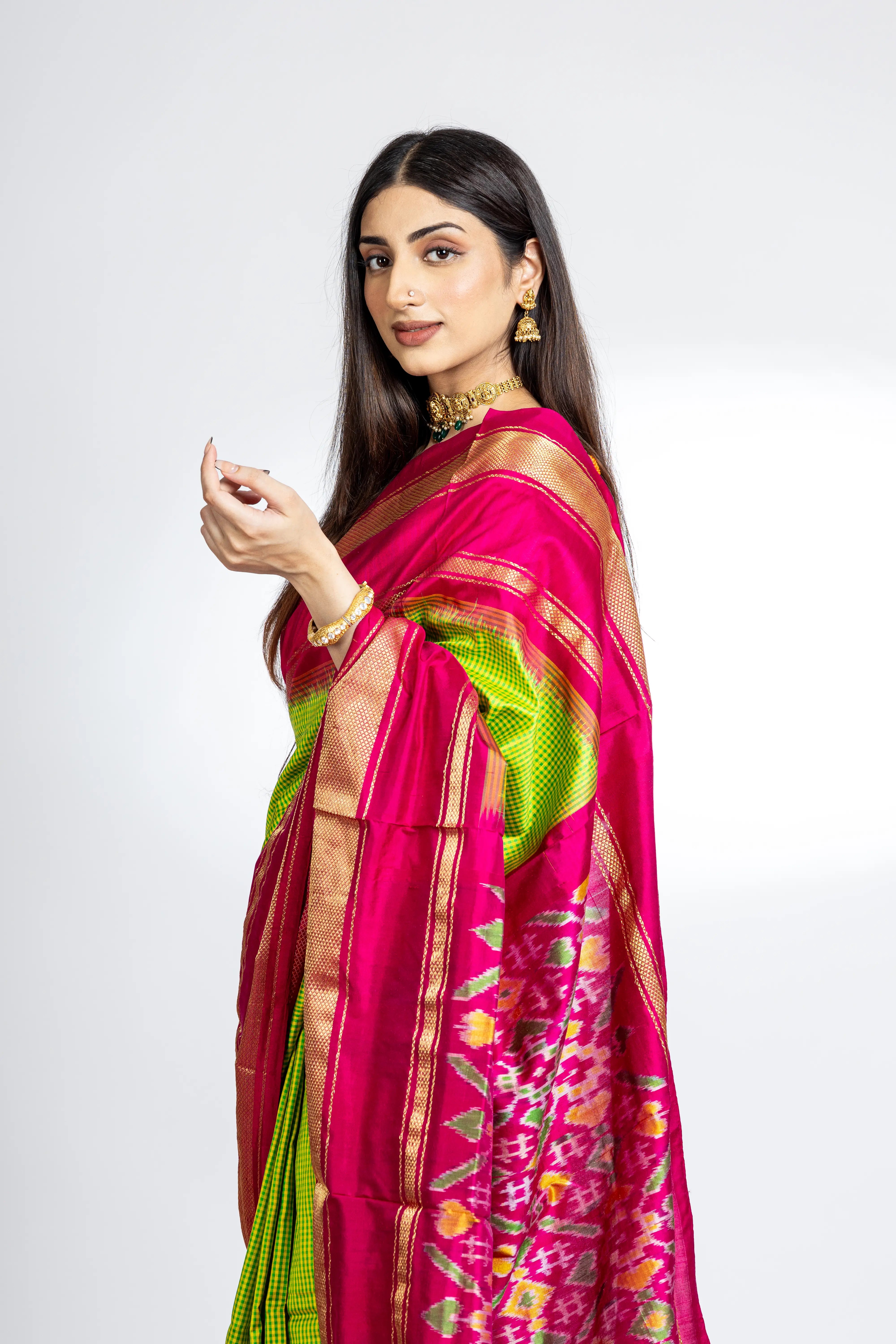 Green Check Pattern Pochampally Saree With Elegant Pink And Zari Border