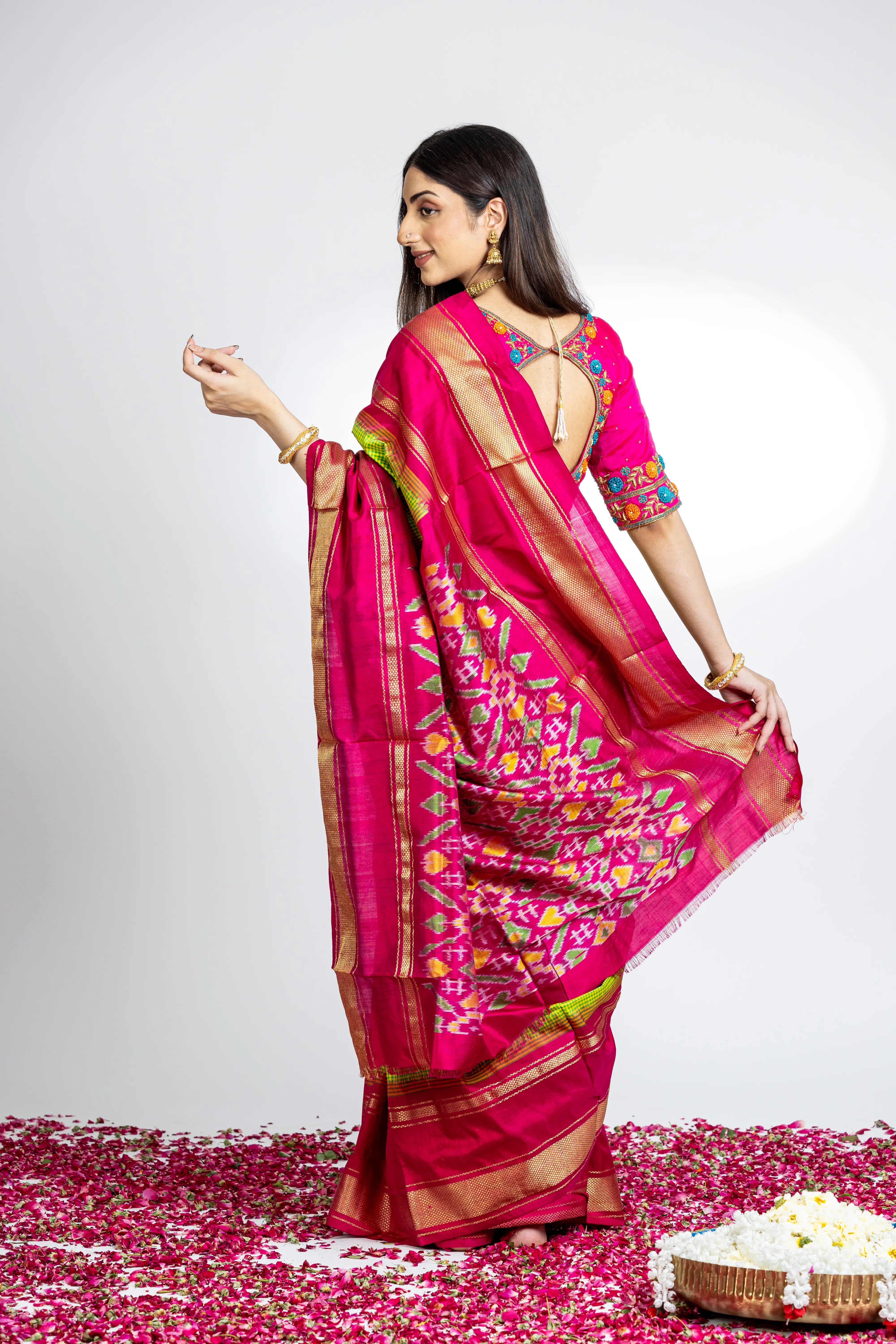 Green Check Pattern Pochampally Saree With Elegant Pink And Zari Border
