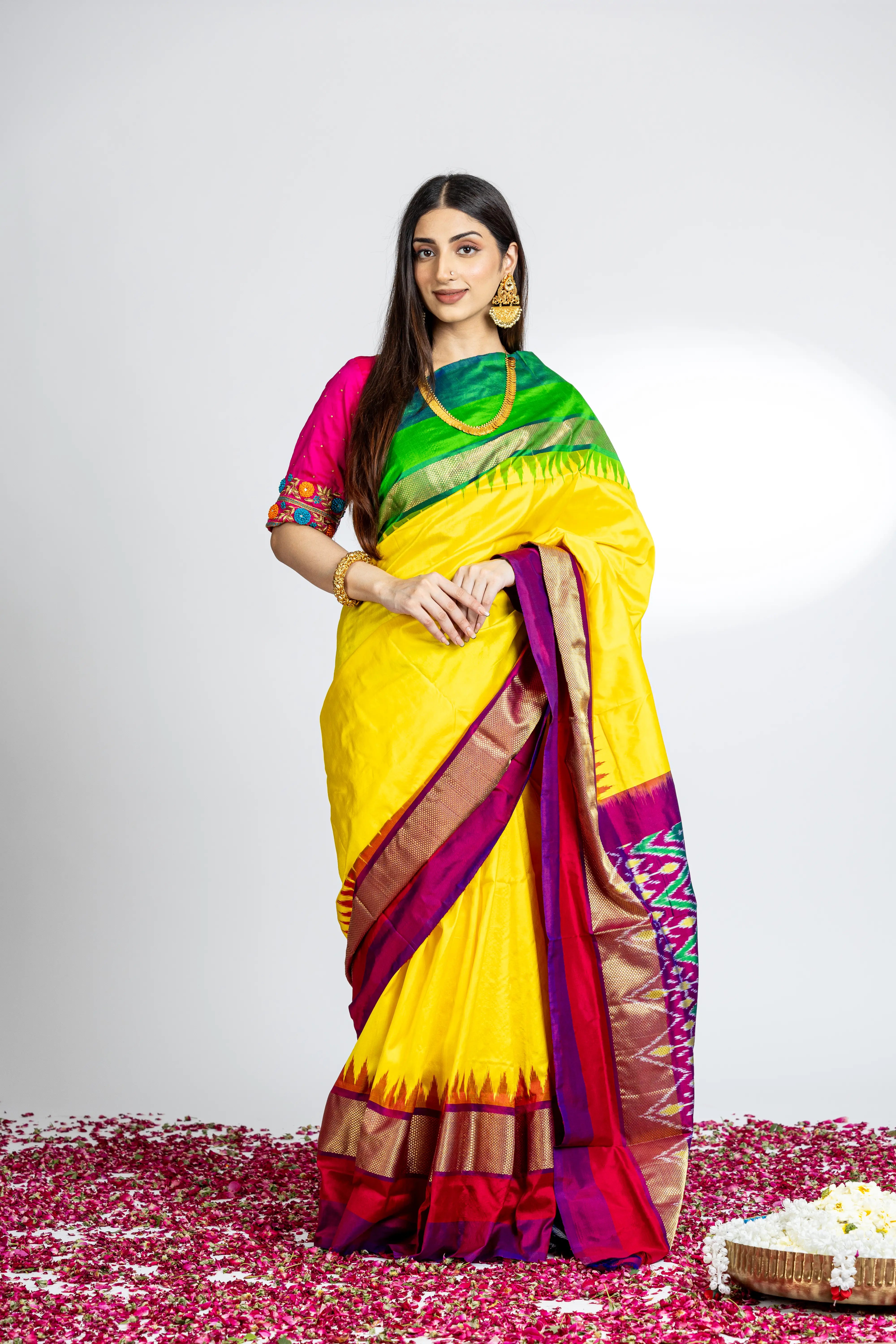 Yellow Pochampally Saree With Beautiful Contrast Multi Color And Zari Border