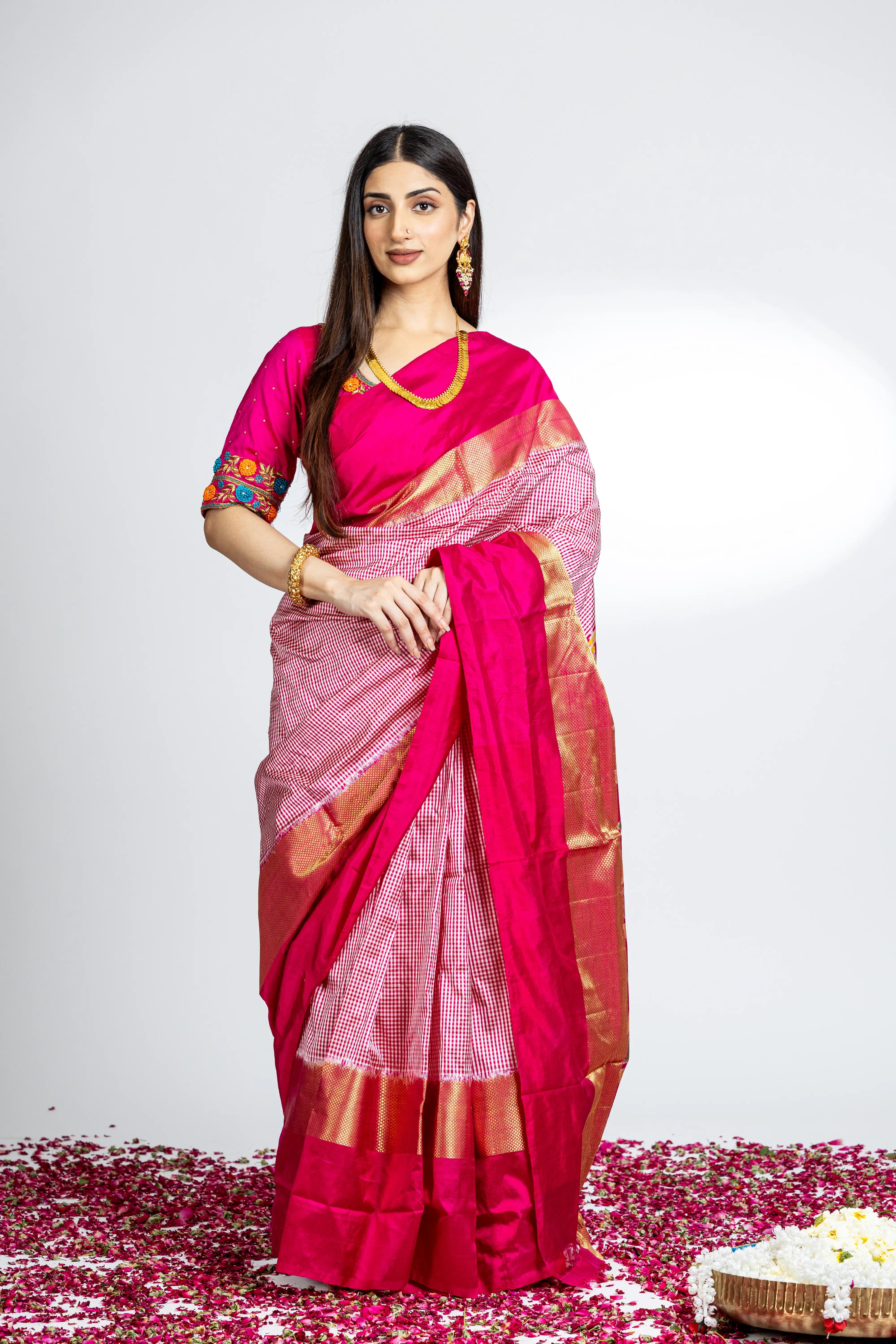 Pink And White Check Pattern Pochampally Saree With Pink And Zari Border