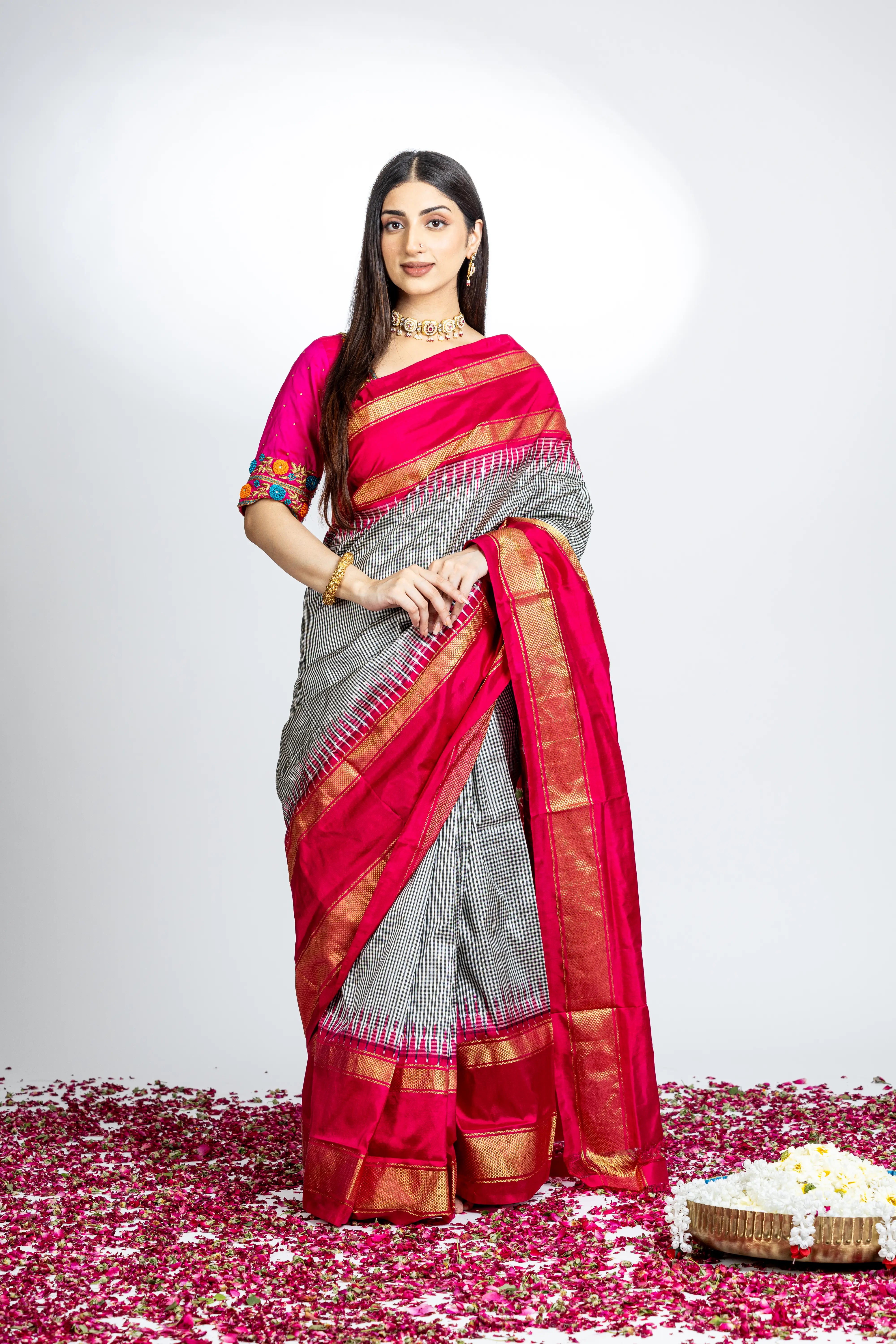 Black And White Check Pattern Pochampally Saree With Pinkish Red And Zari Border
