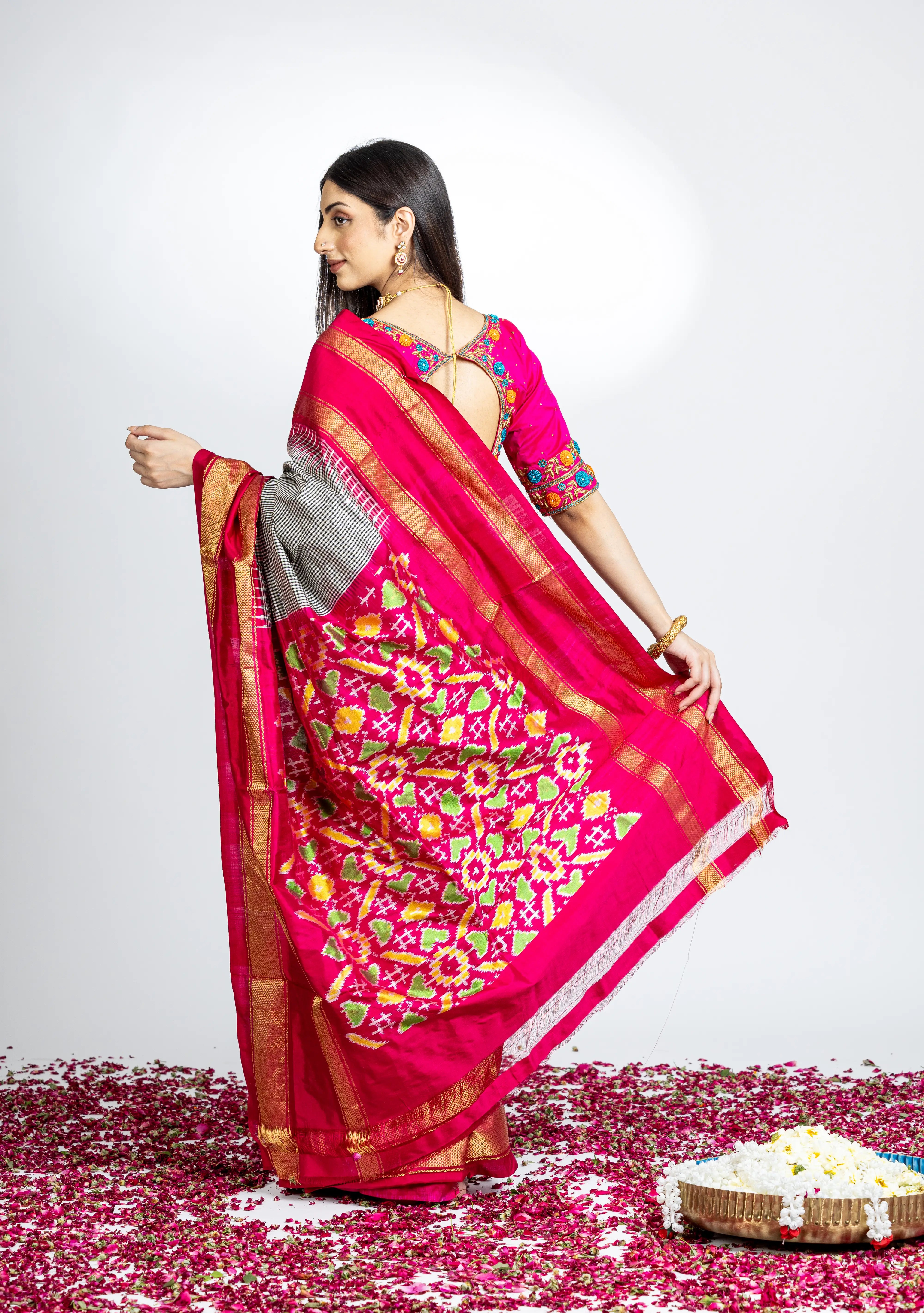 Black And White Check Pattern Pochampally Saree With Pinkish Red And Zari Border