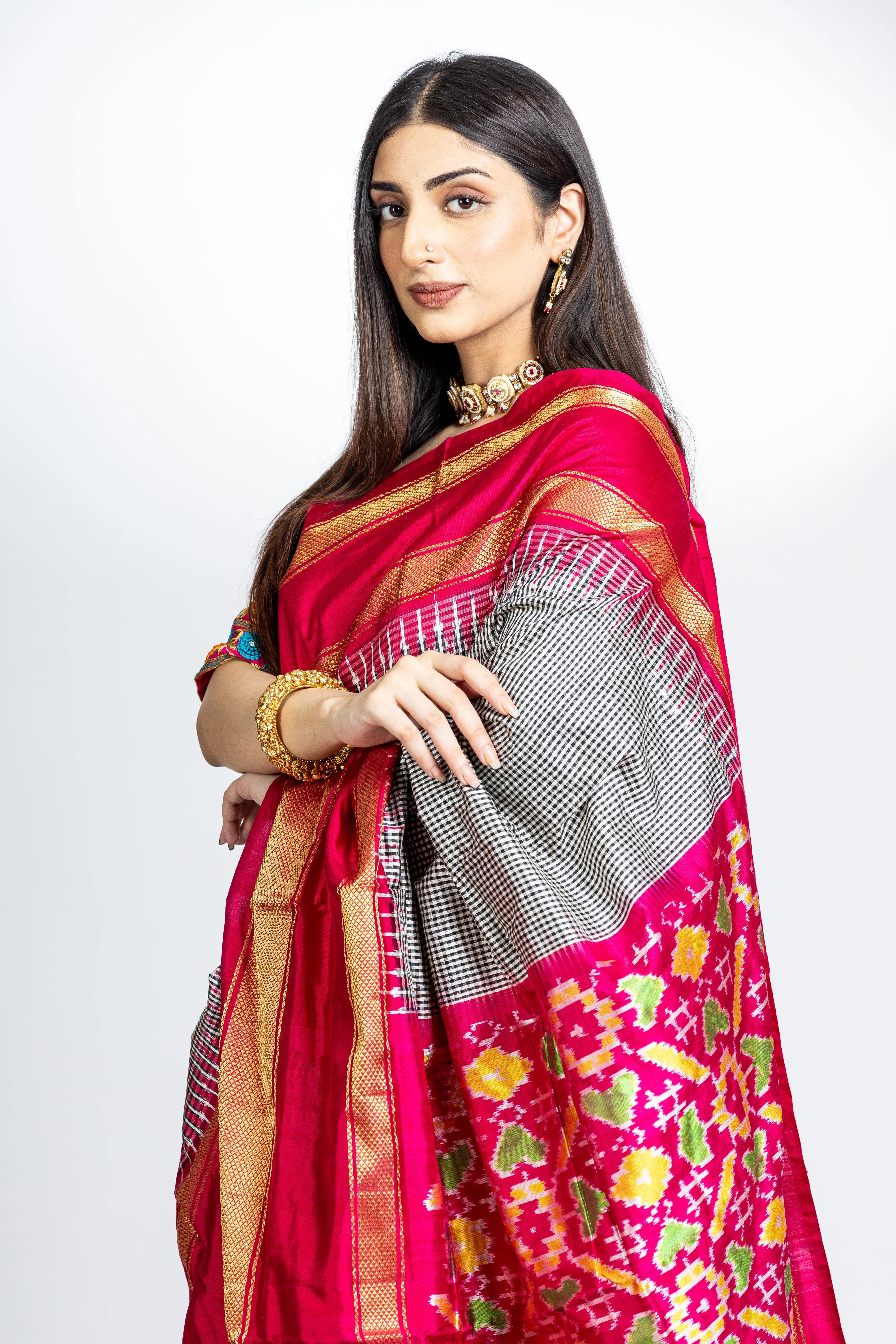 Black And White Check Pattern Pochampally Saree With Pinkish Red And Zari Border