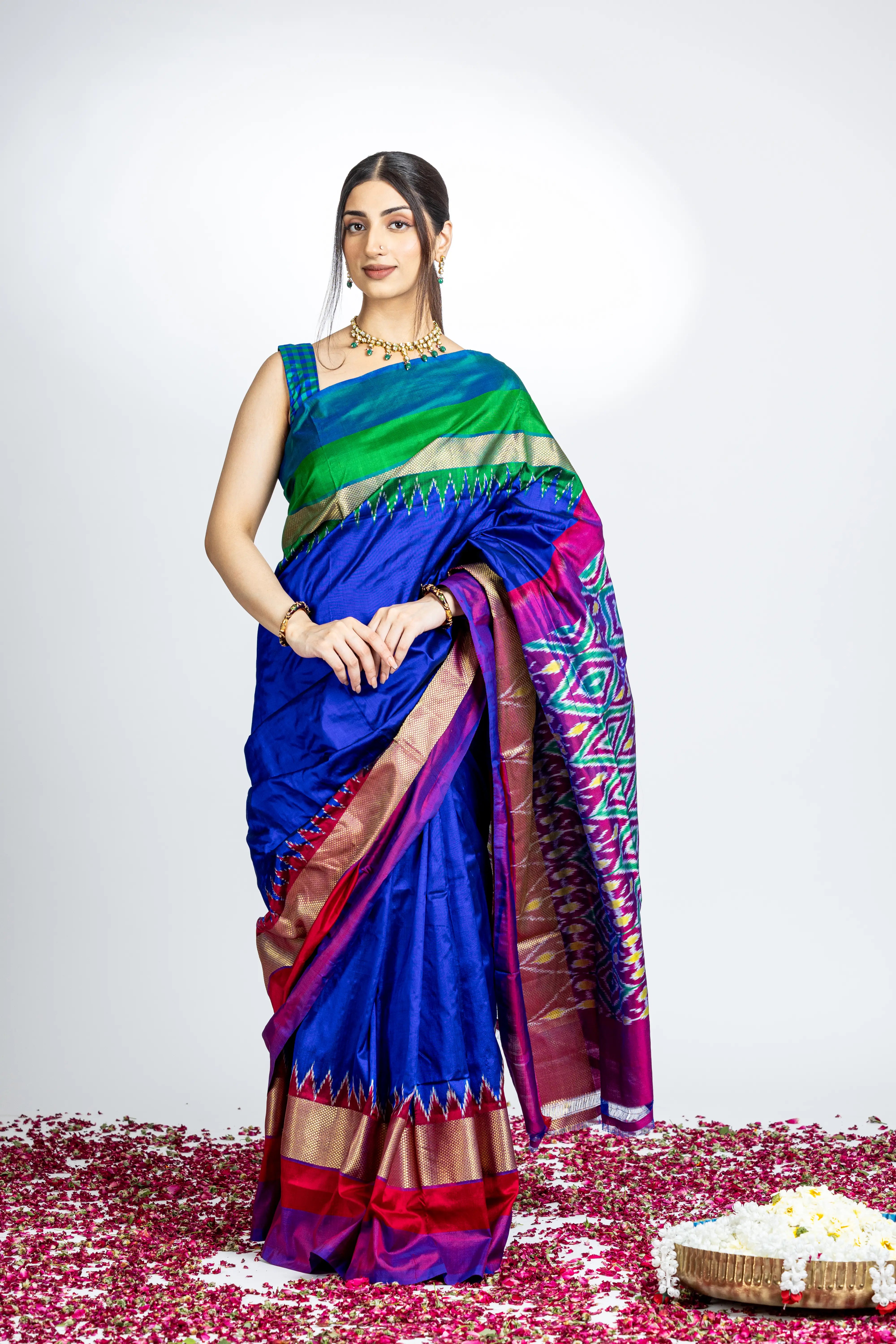 Royal Blue Pochampally Silk Saree With Beautiful Multi Color And Zari Border With Ikkat Detailing