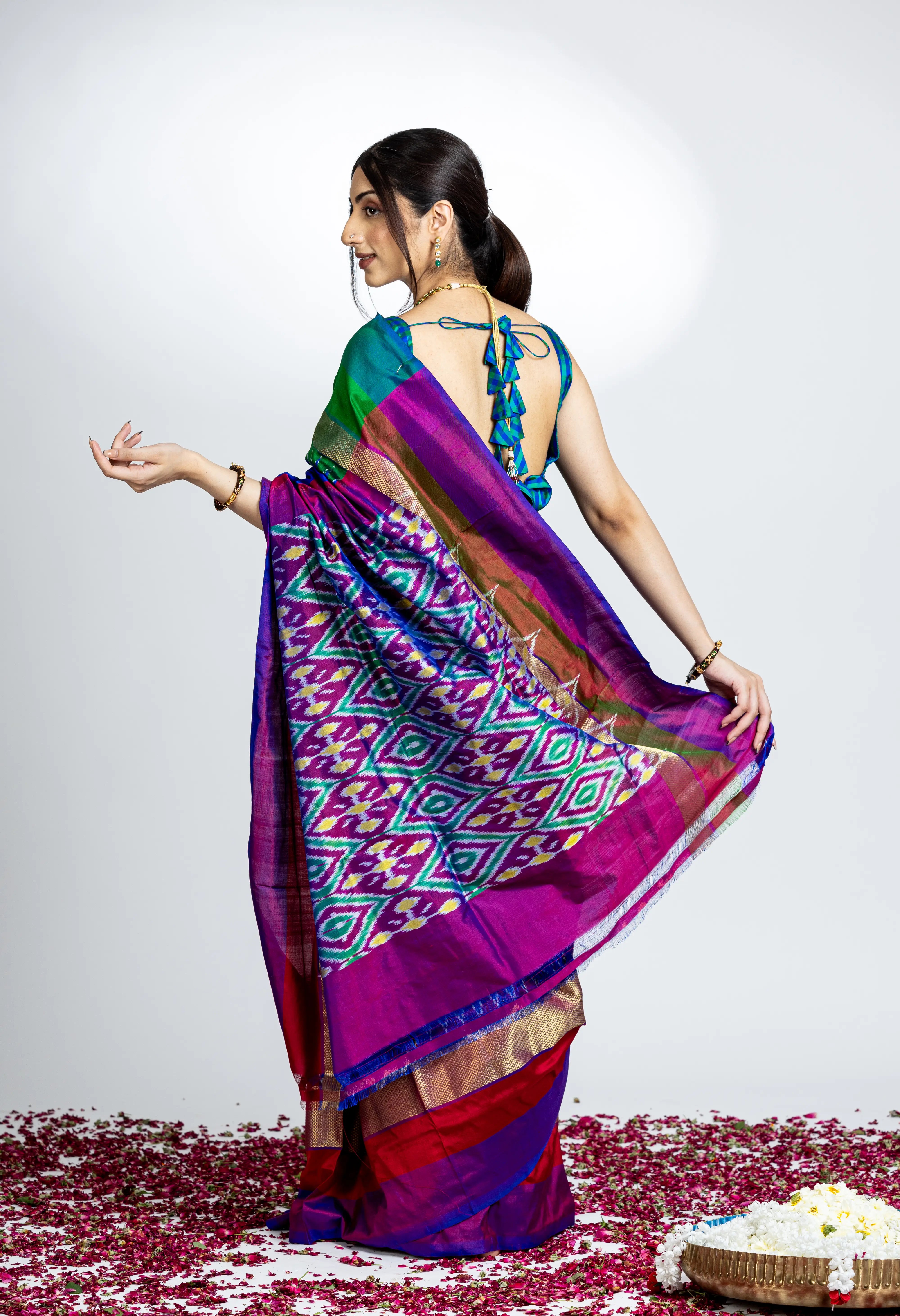 Royal Blue Pochampally Silk Saree With Beautiful Multi Color And Zari Border With Ikkat Detailing