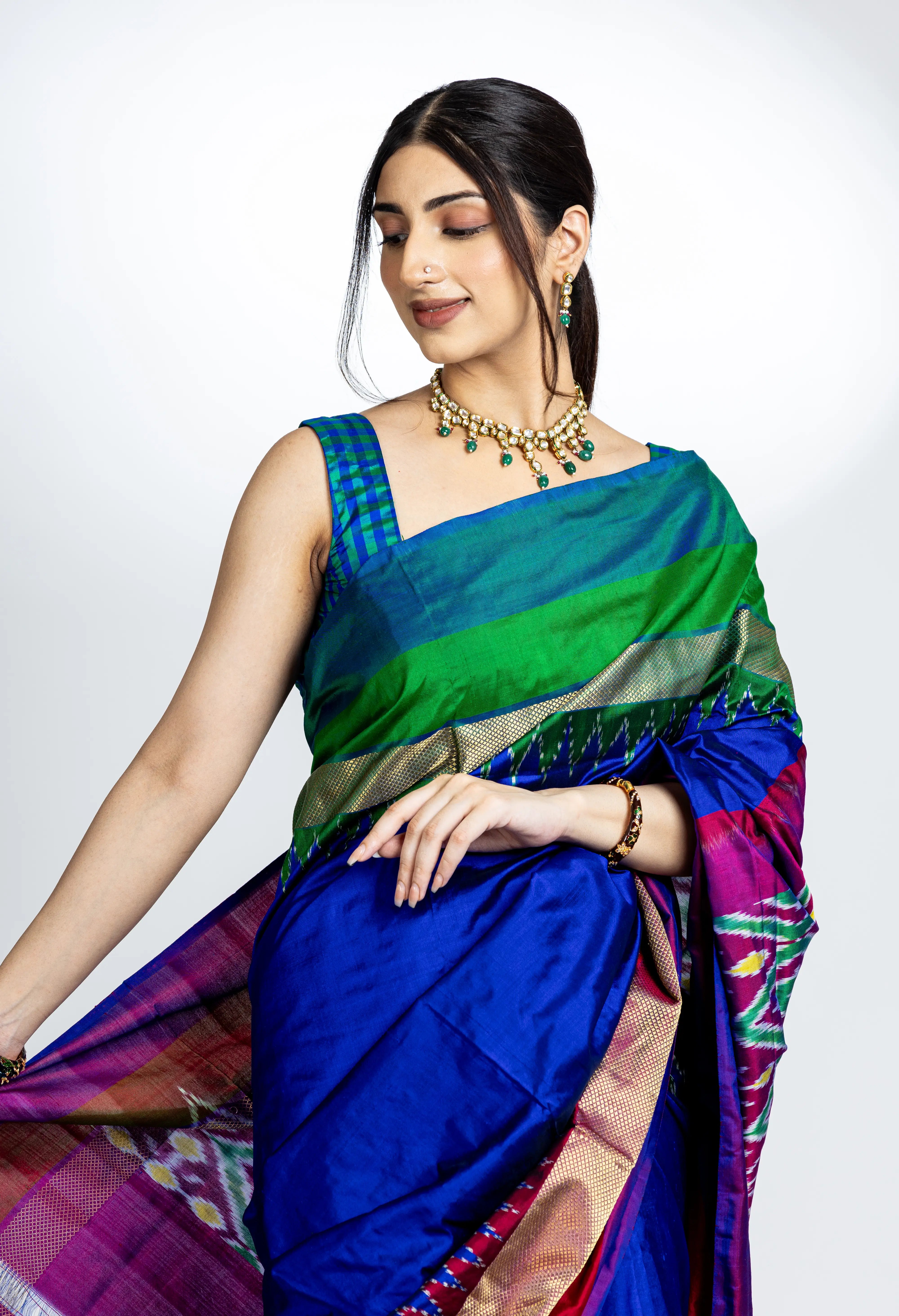 Royal Blue Pochampally Silk Saree With Beautiful Multi Color And Zari Border With Ikkat Detailing