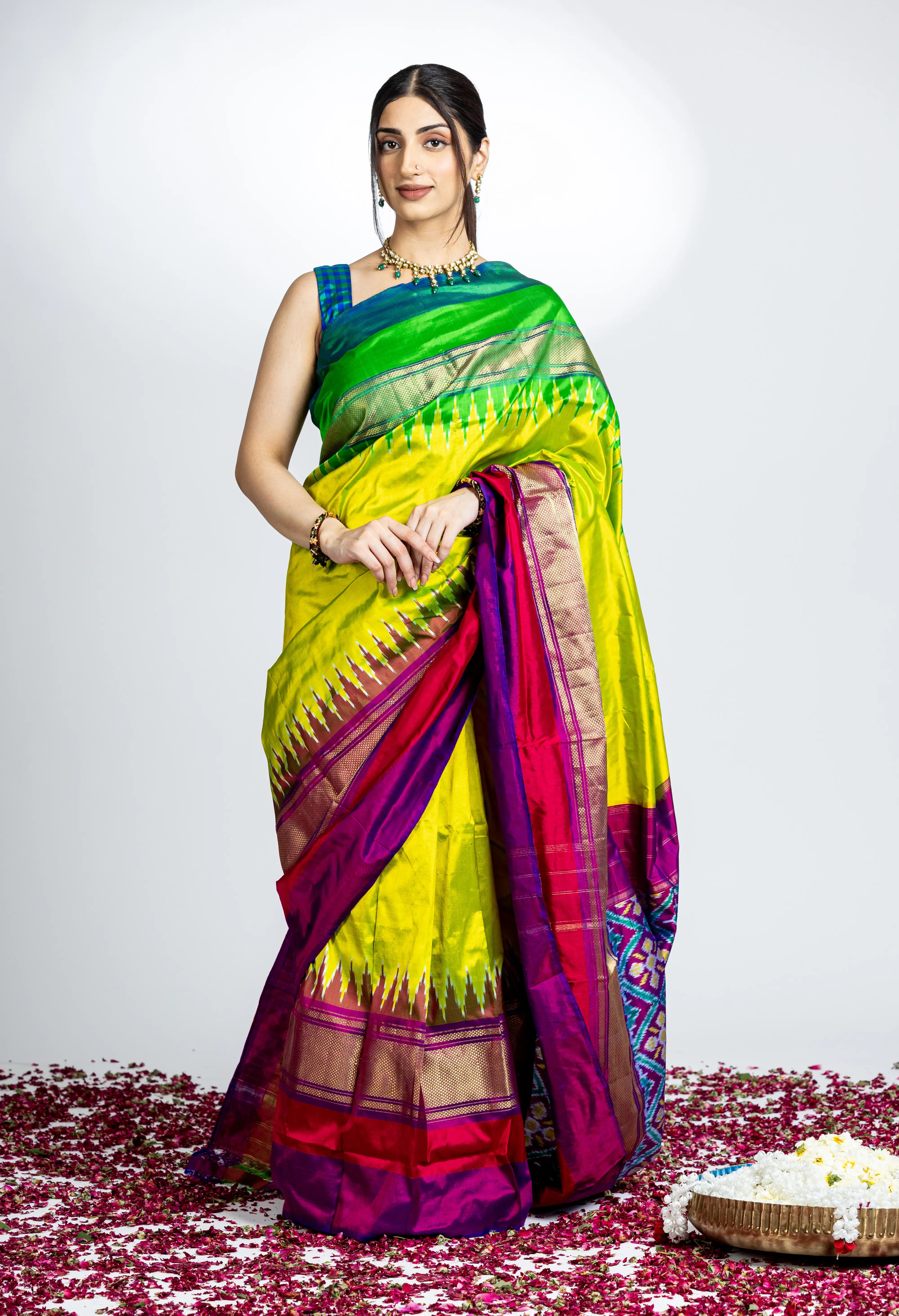 Shaded Green Pochampally Silk Saree With Zari And Multi Color Contrast Border