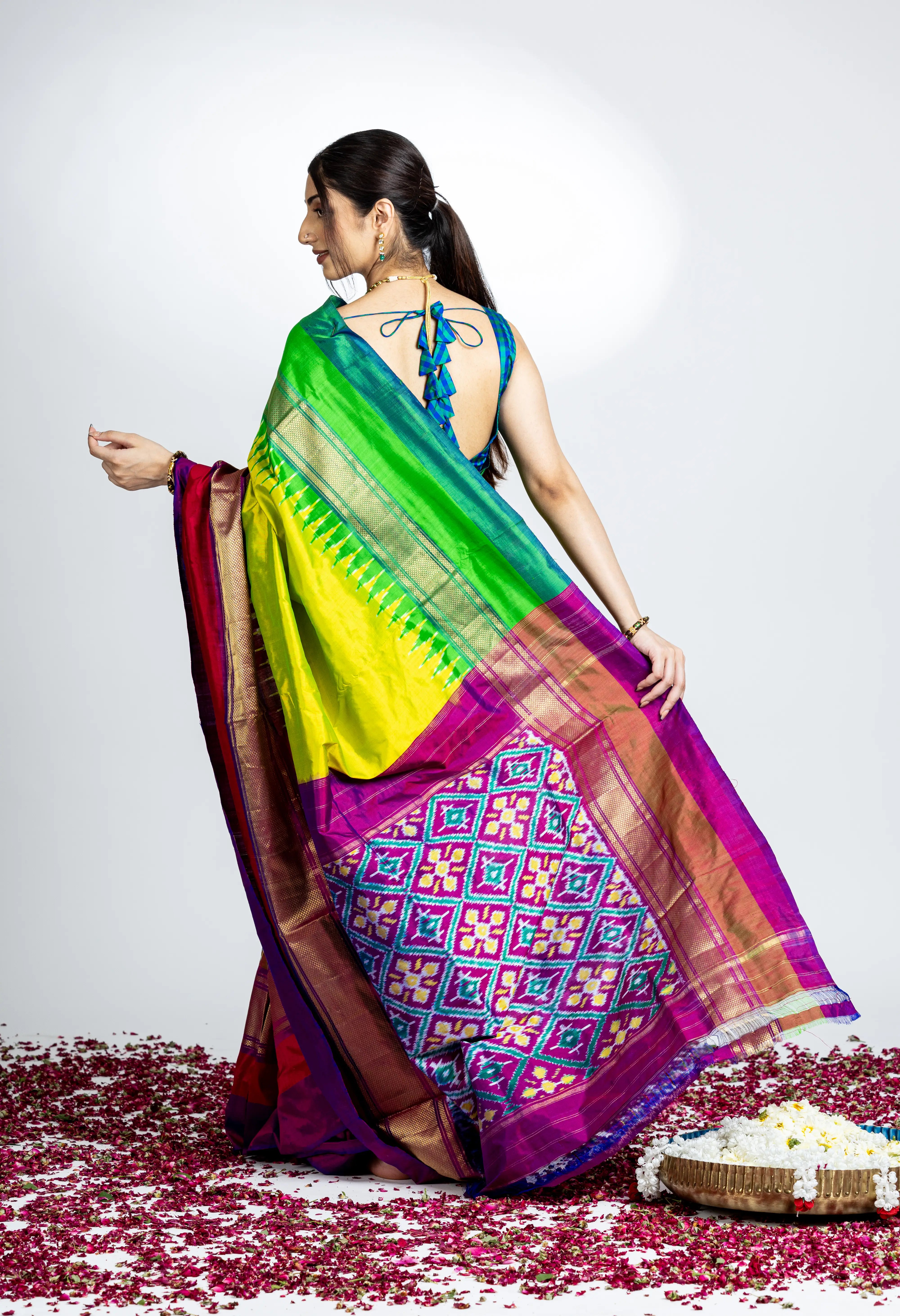 Shaded Green Pochampally Silk Saree With Zari And Multi Color Contrast Border