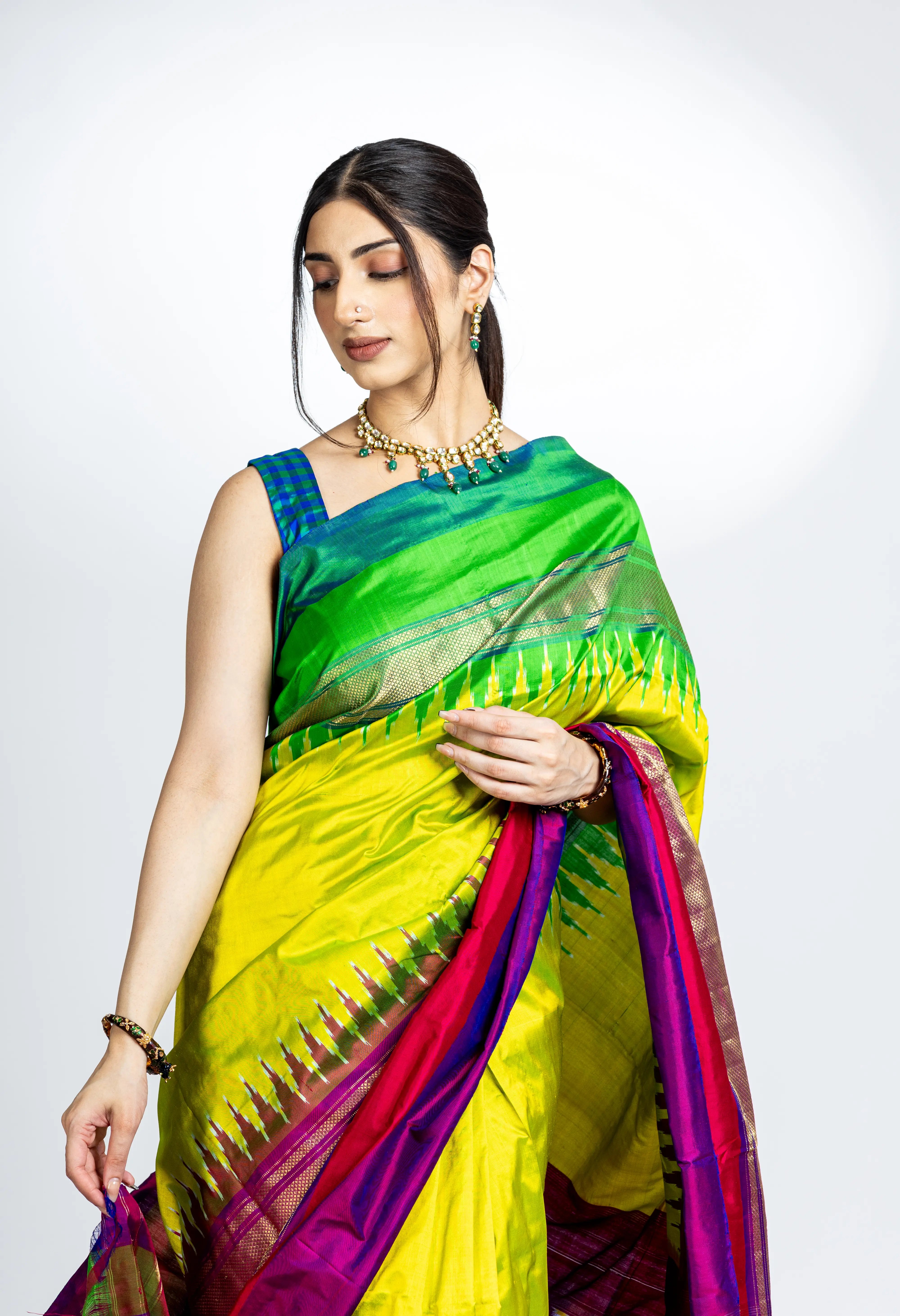 Shaded Green Pochampally Silk Saree With Zari And Multi Color Contrast Border