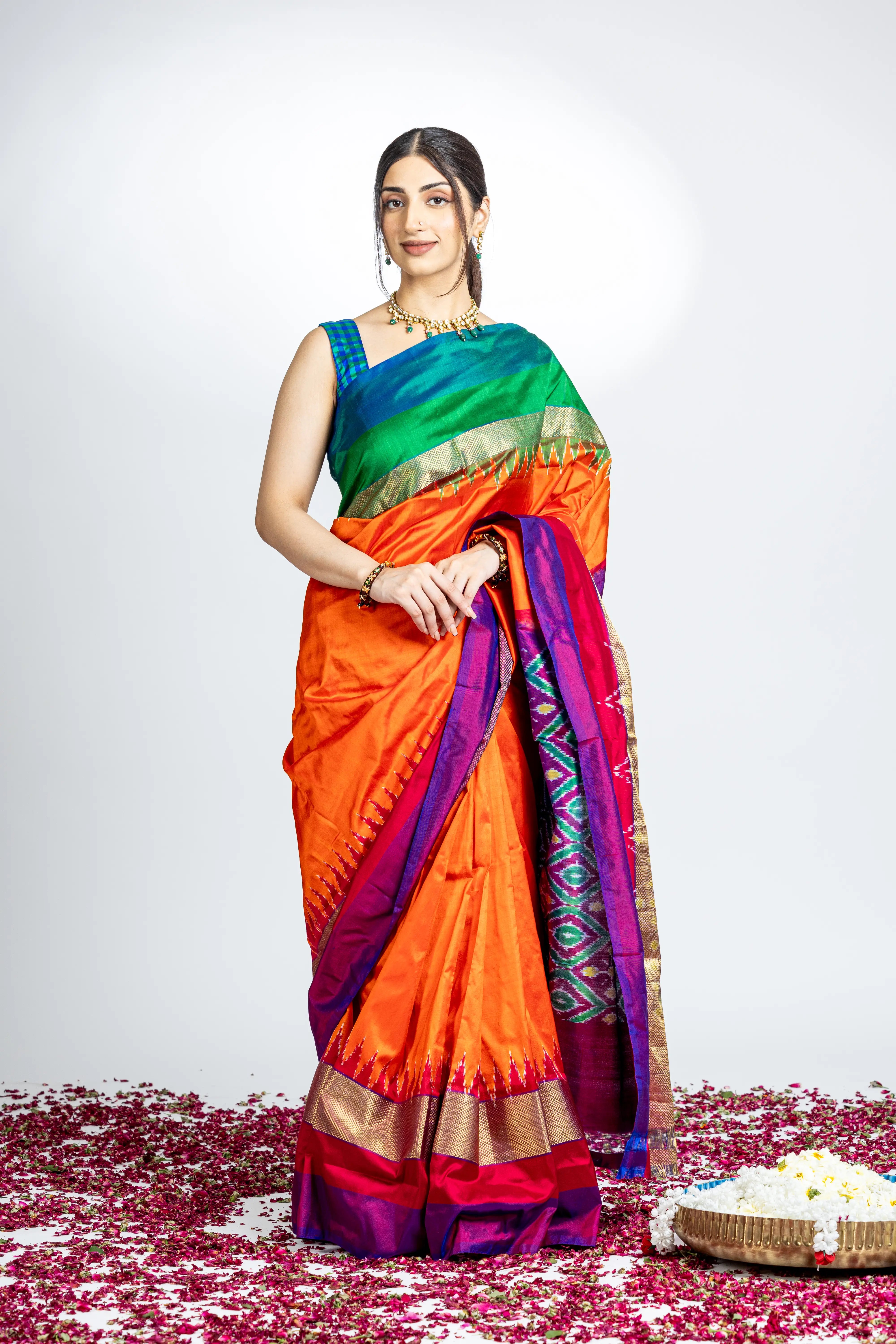 Orange Pochampally Silk Saree With Zari And Multi Color Contrast Border