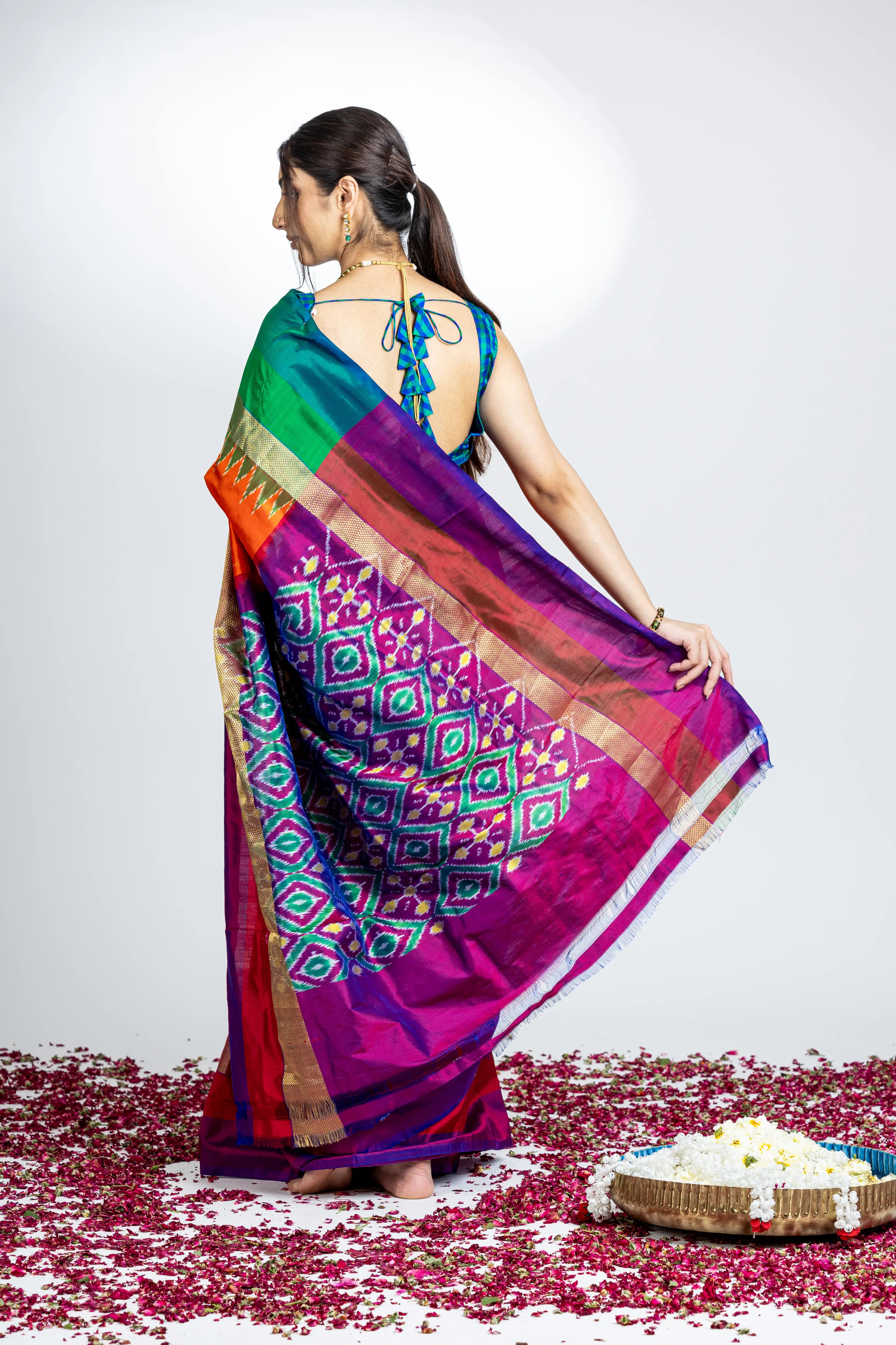 Orange Pochampally Silk Saree With Zari And Multi Color Contrast Border