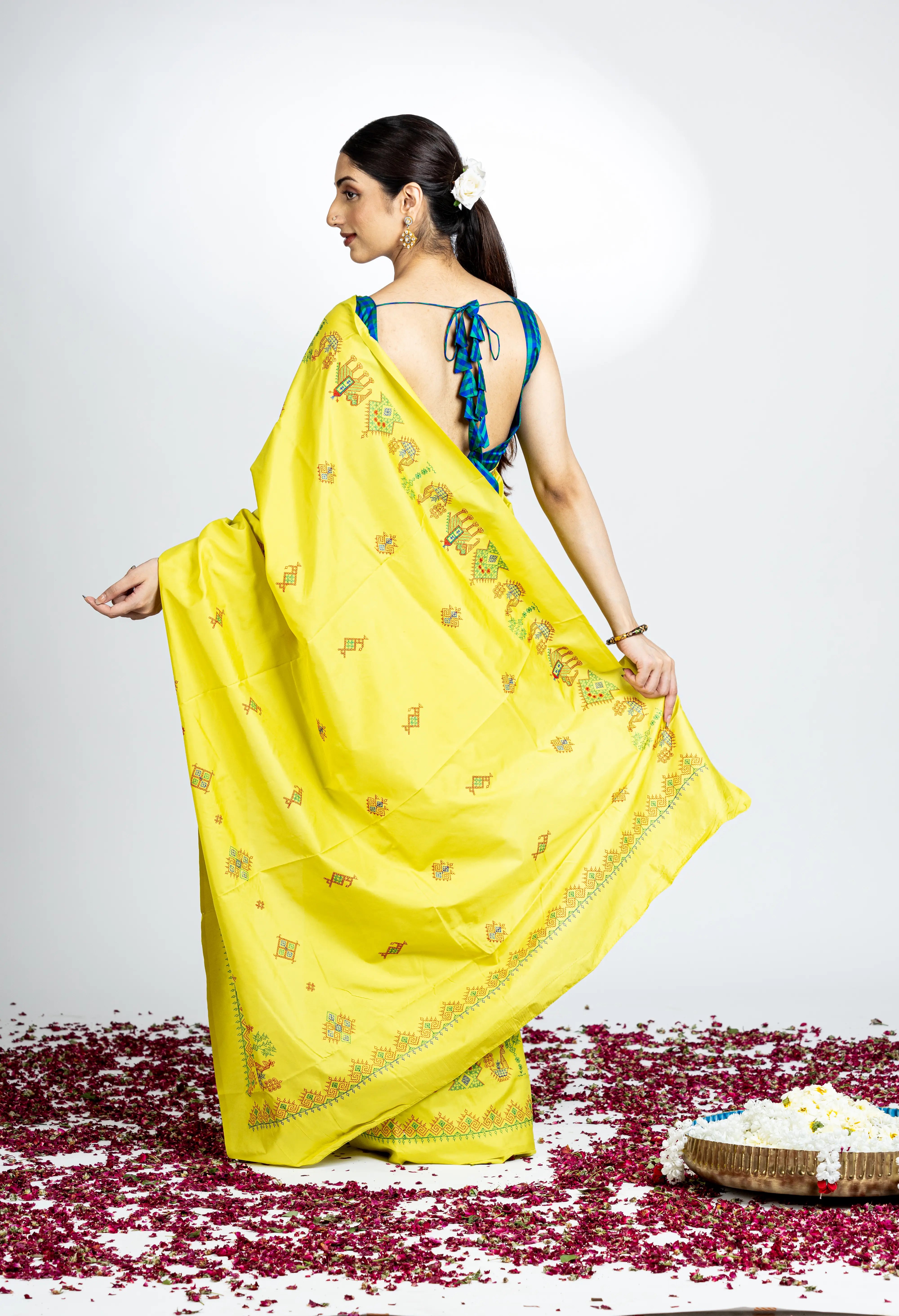 Yellow Art Silk Saree With Beautiful Kasuti Embroidery