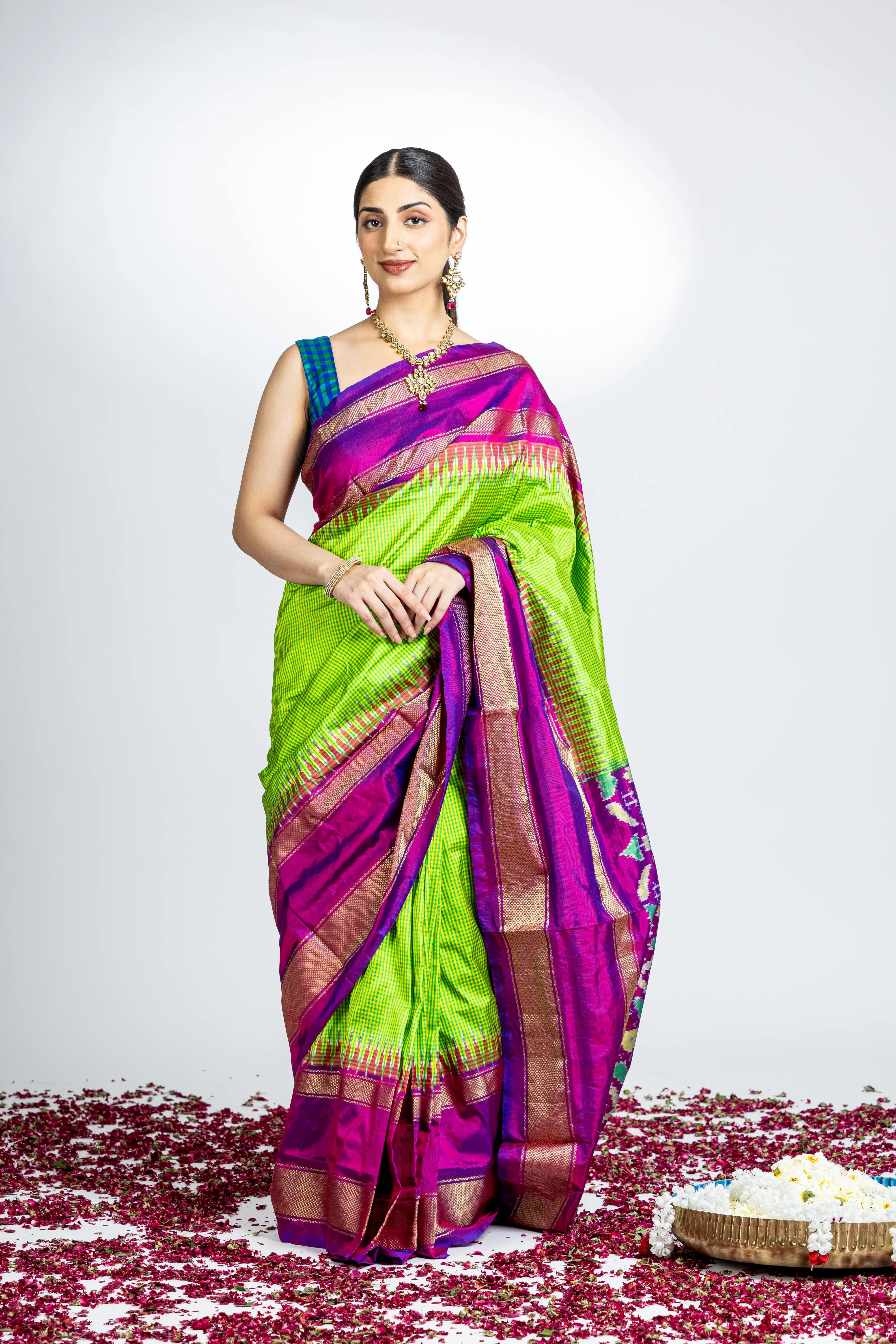 Green Check Pattern Poachampally Saree With Elegant Purple And Zari Border