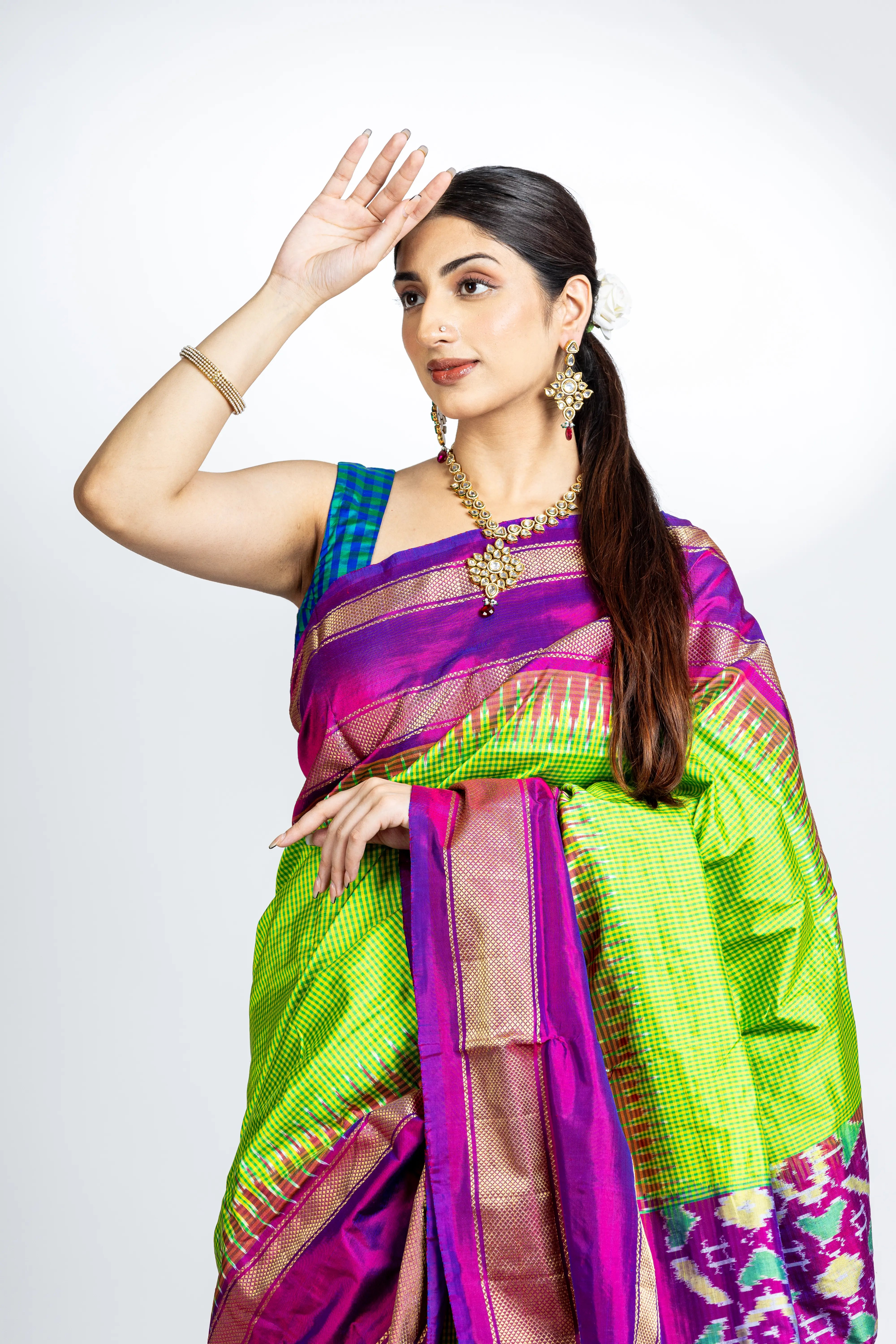 Green Check Pattern Poachampally Saree With Elegant Purple And Zari Border