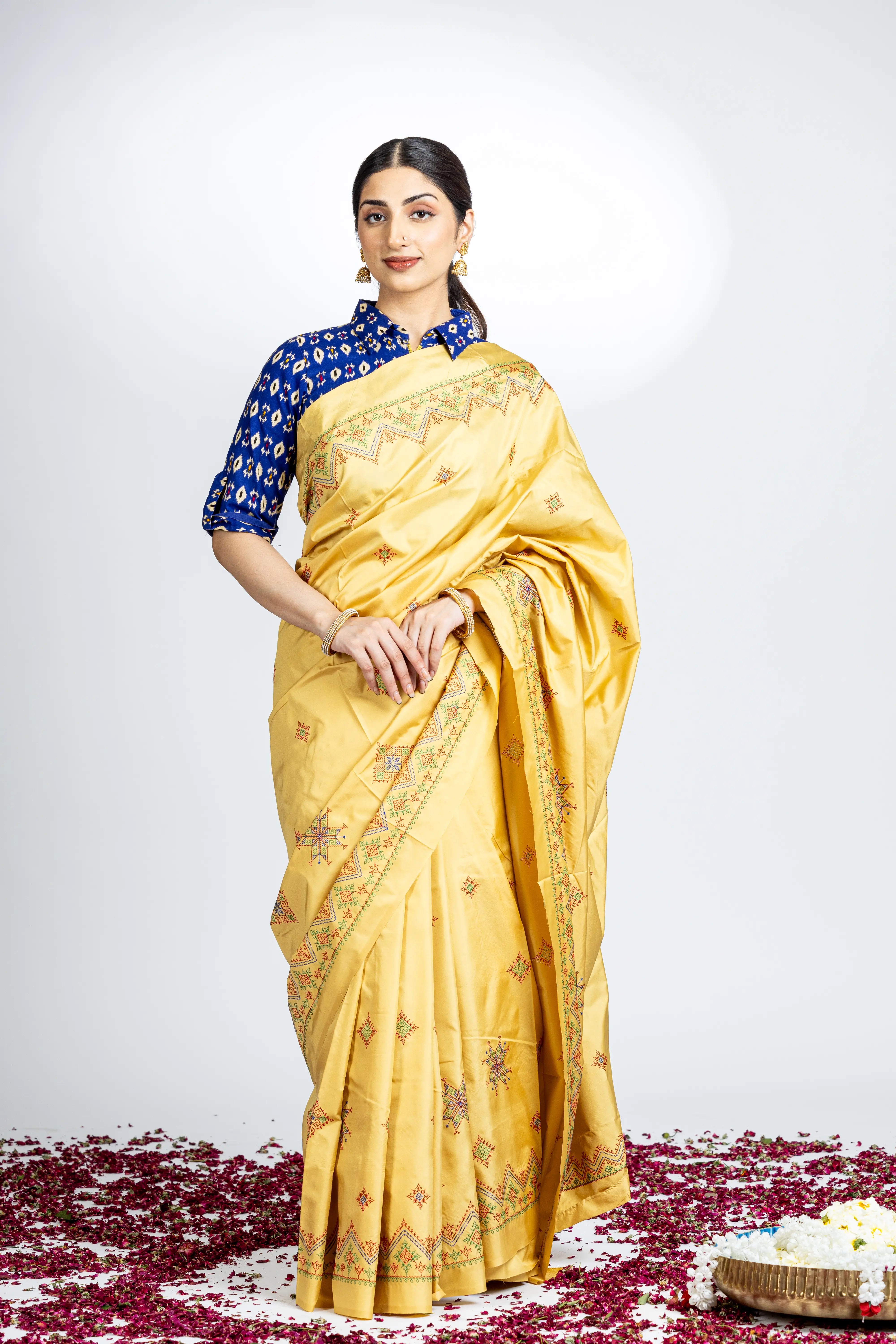 Orangish Yellow Art Silk Saree With Beautiful Kasuti Embroidery