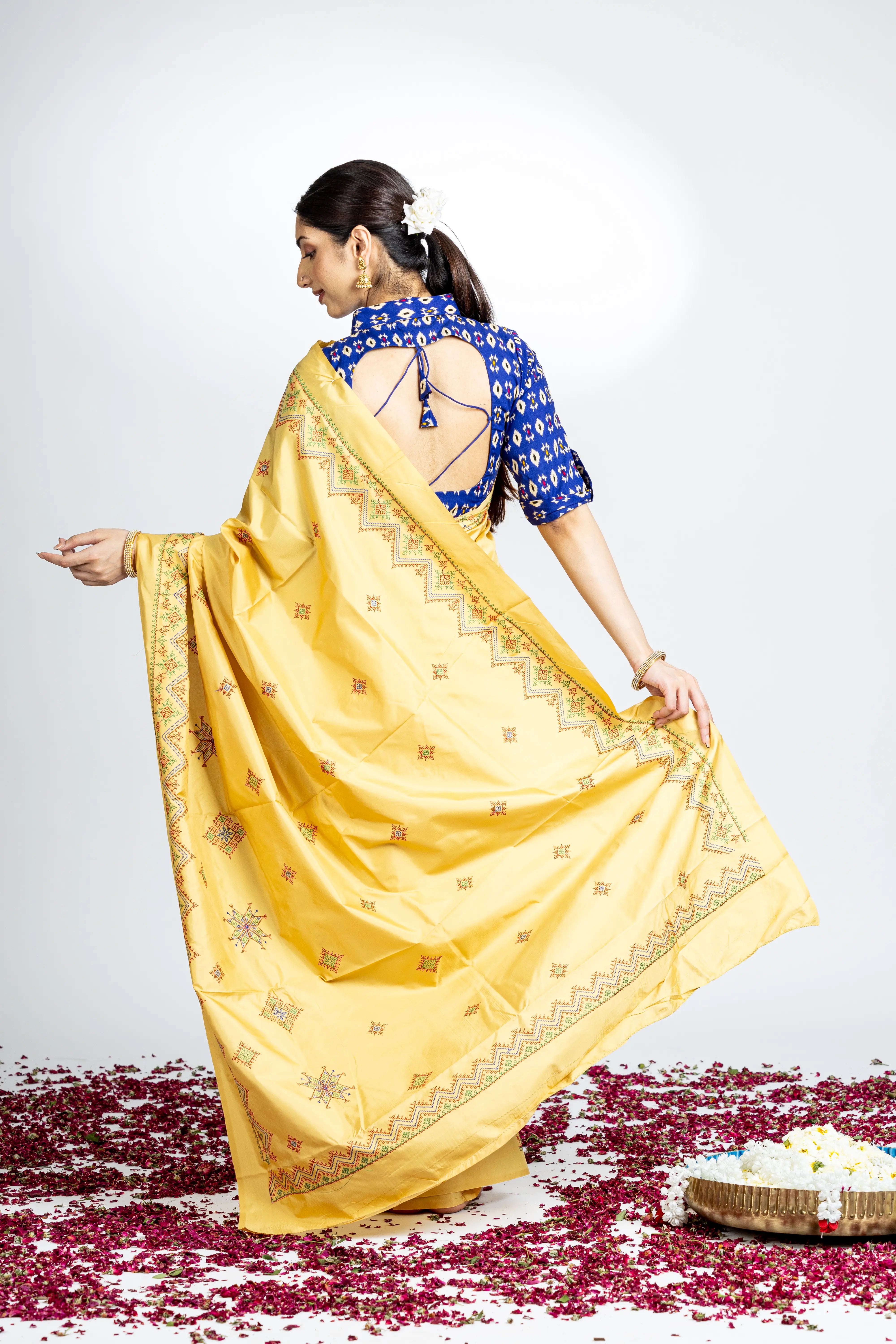 Orangish Yellow Art Silk Saree With Beautiful Kasuti Embroidery