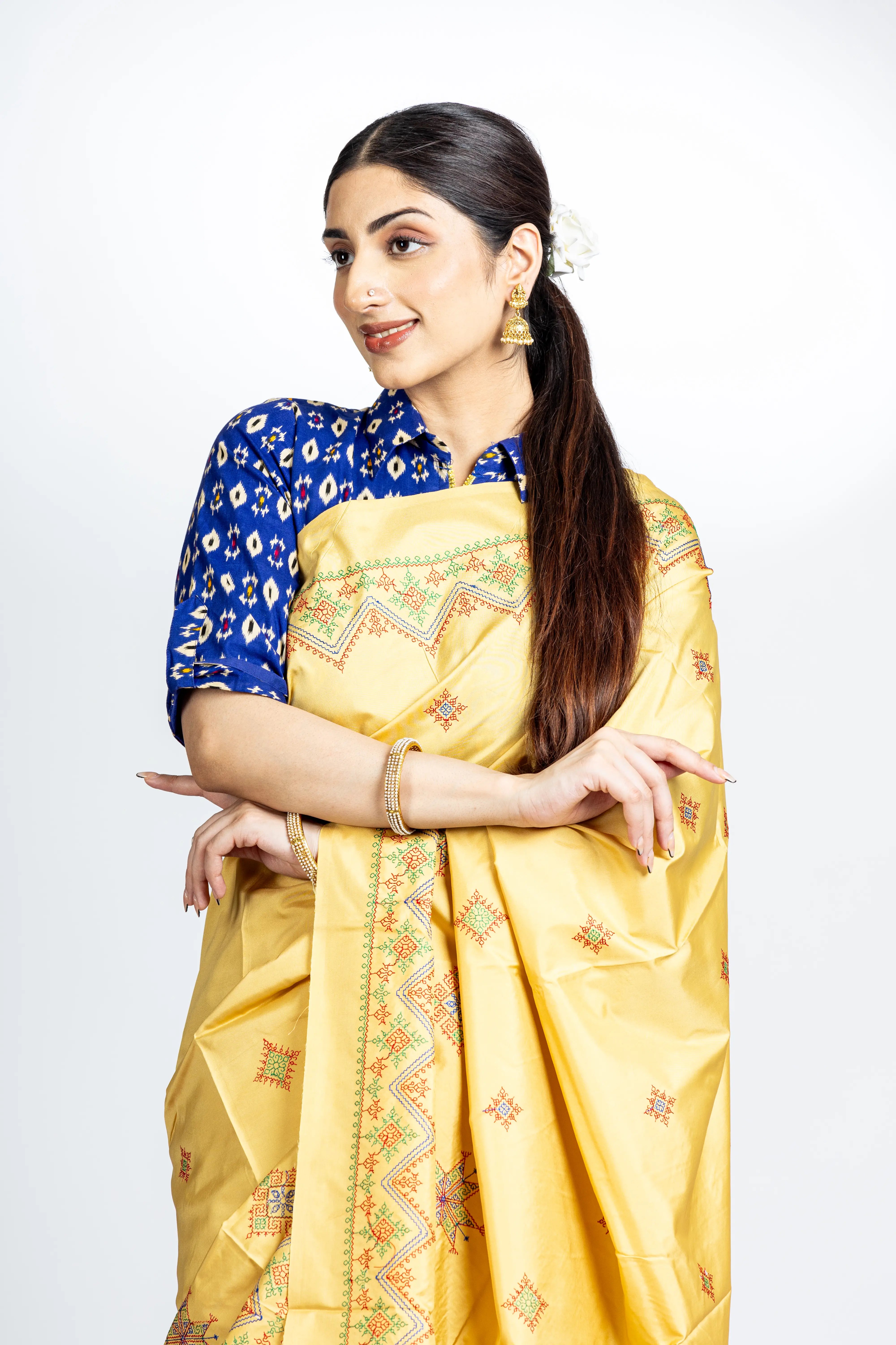 Orangish Yellow Art Silk Saree With Beautiful Kasuti Embroidery