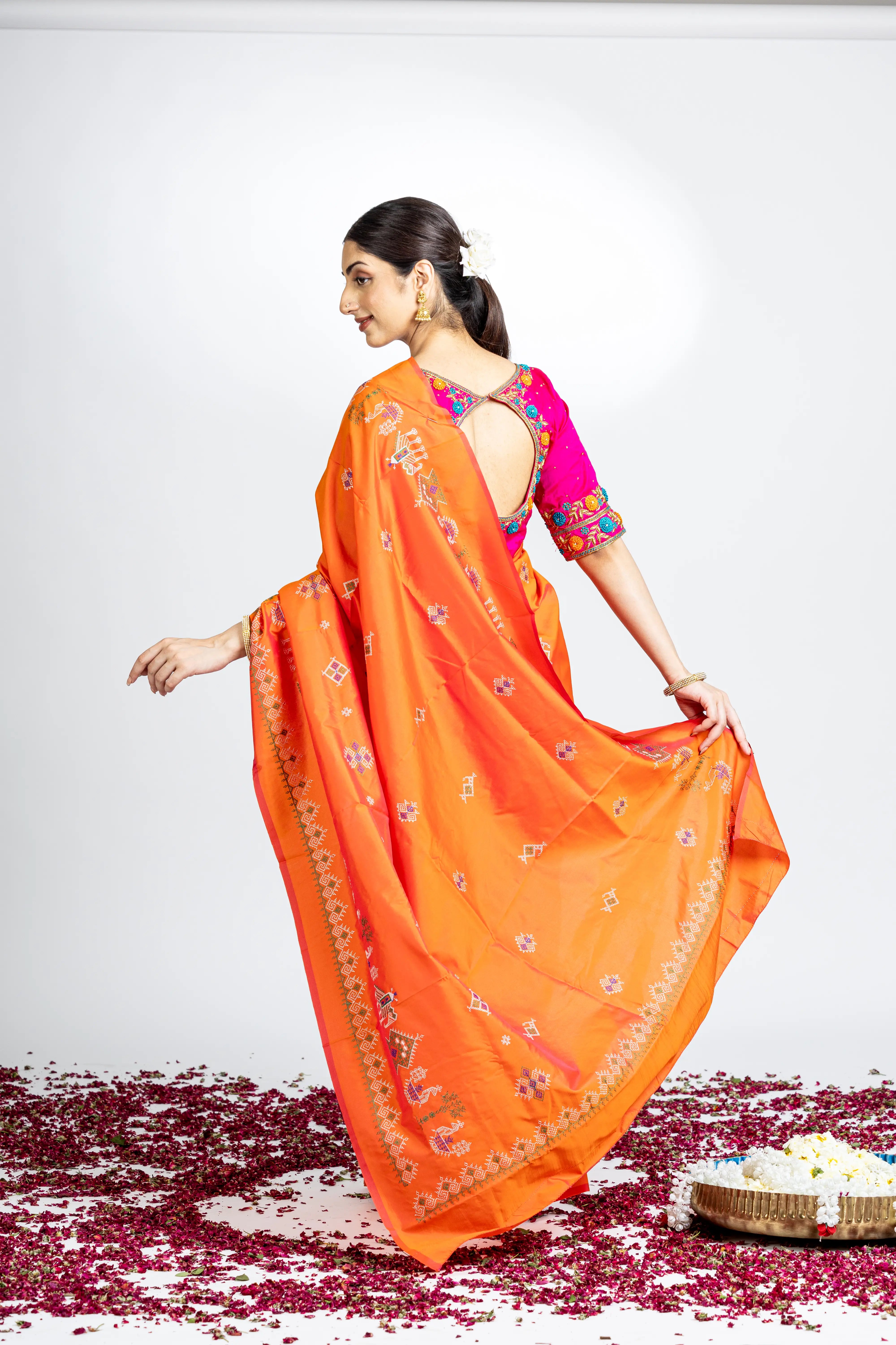 Orange Art Silk Saree With Beautiful Kasuti Embroidery