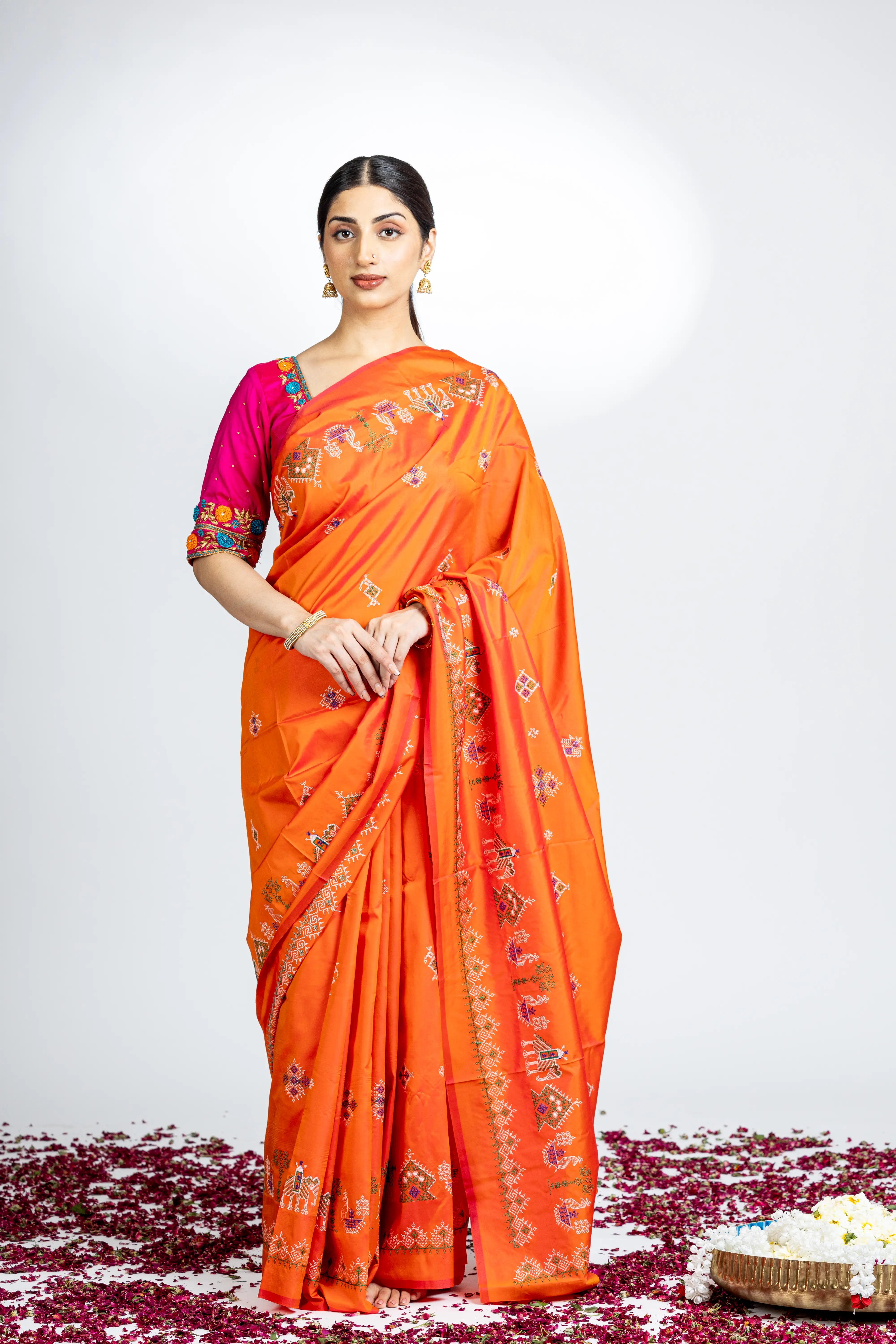 Orange Art Silk Saree With Beautiful Kasuti Embroidery