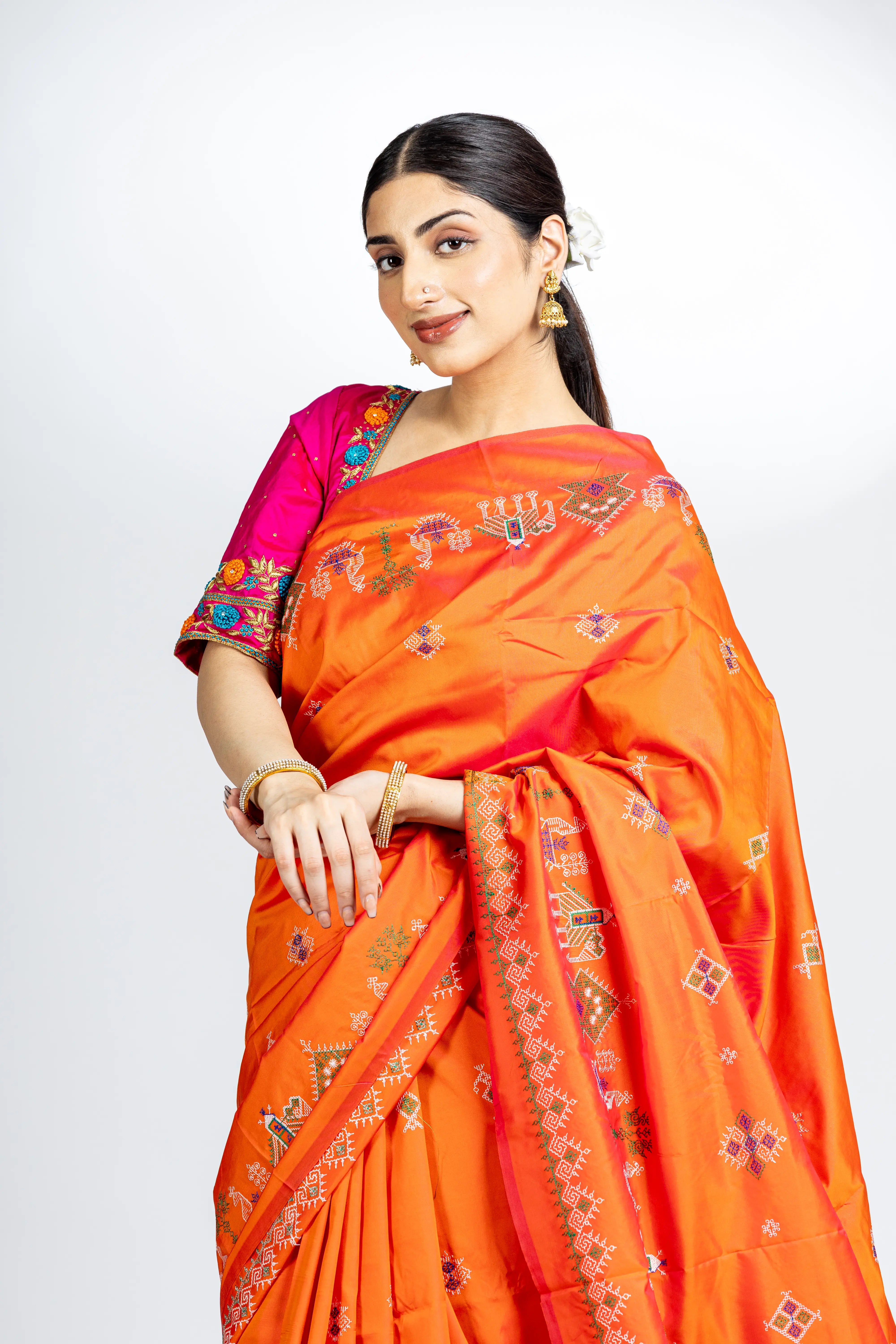 Orange Art Silk Saree With Beautiful Kasuti Embroidery