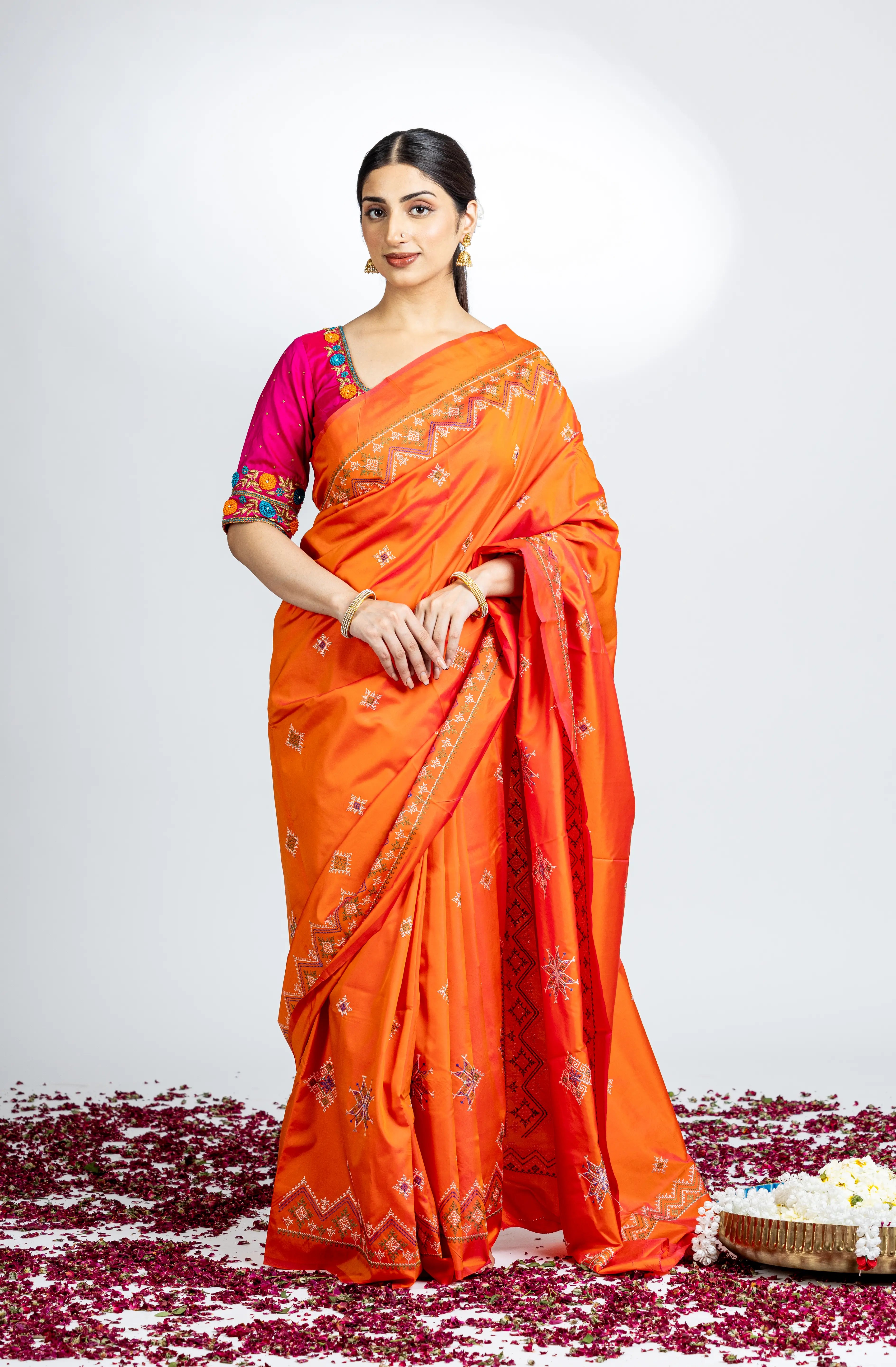 Orange Art Silk Saree With Beautiful Kasuti Embroidery