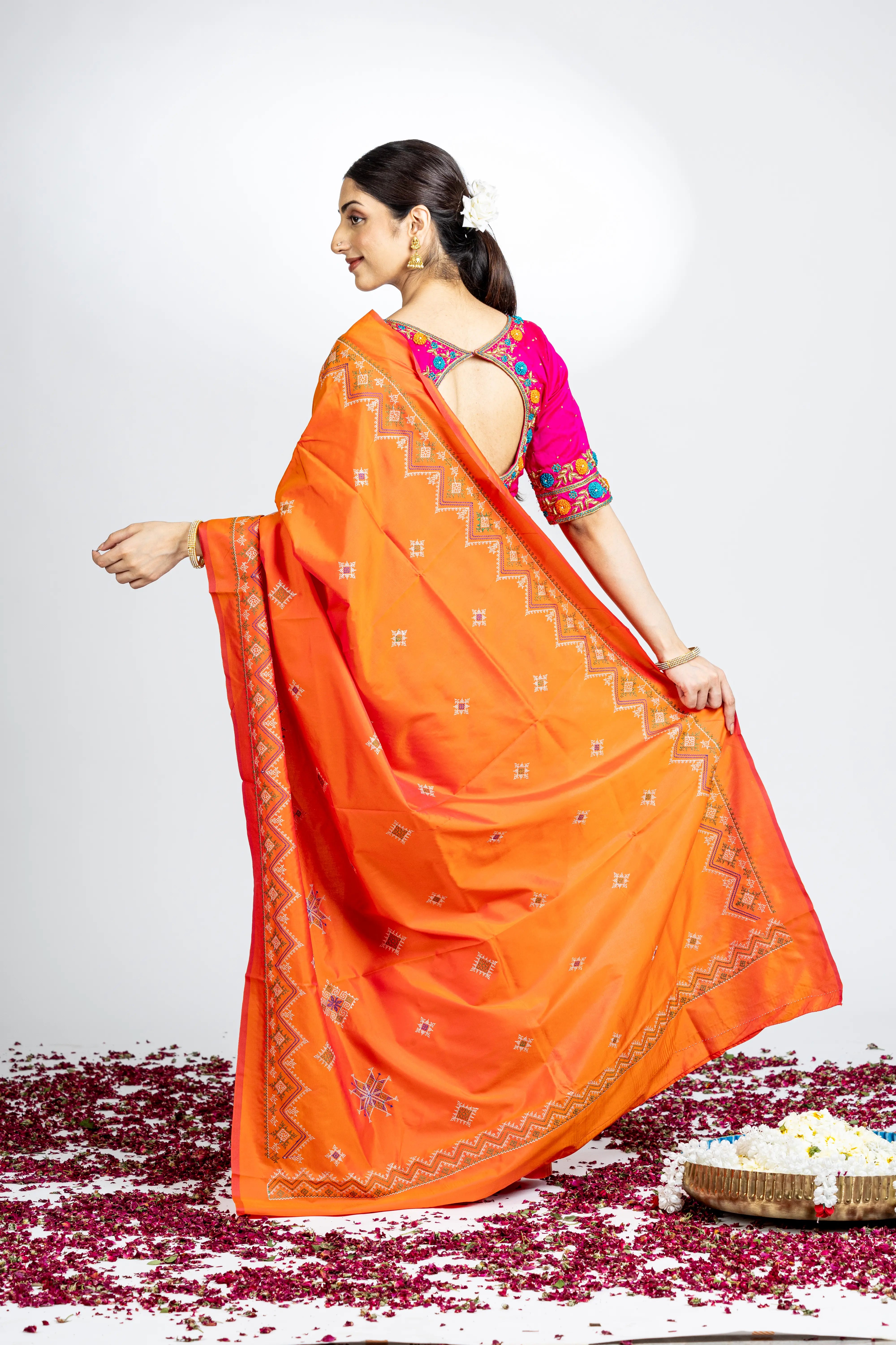 Orange Art Silk Saree With Beautiful Kasuti Embroidery
