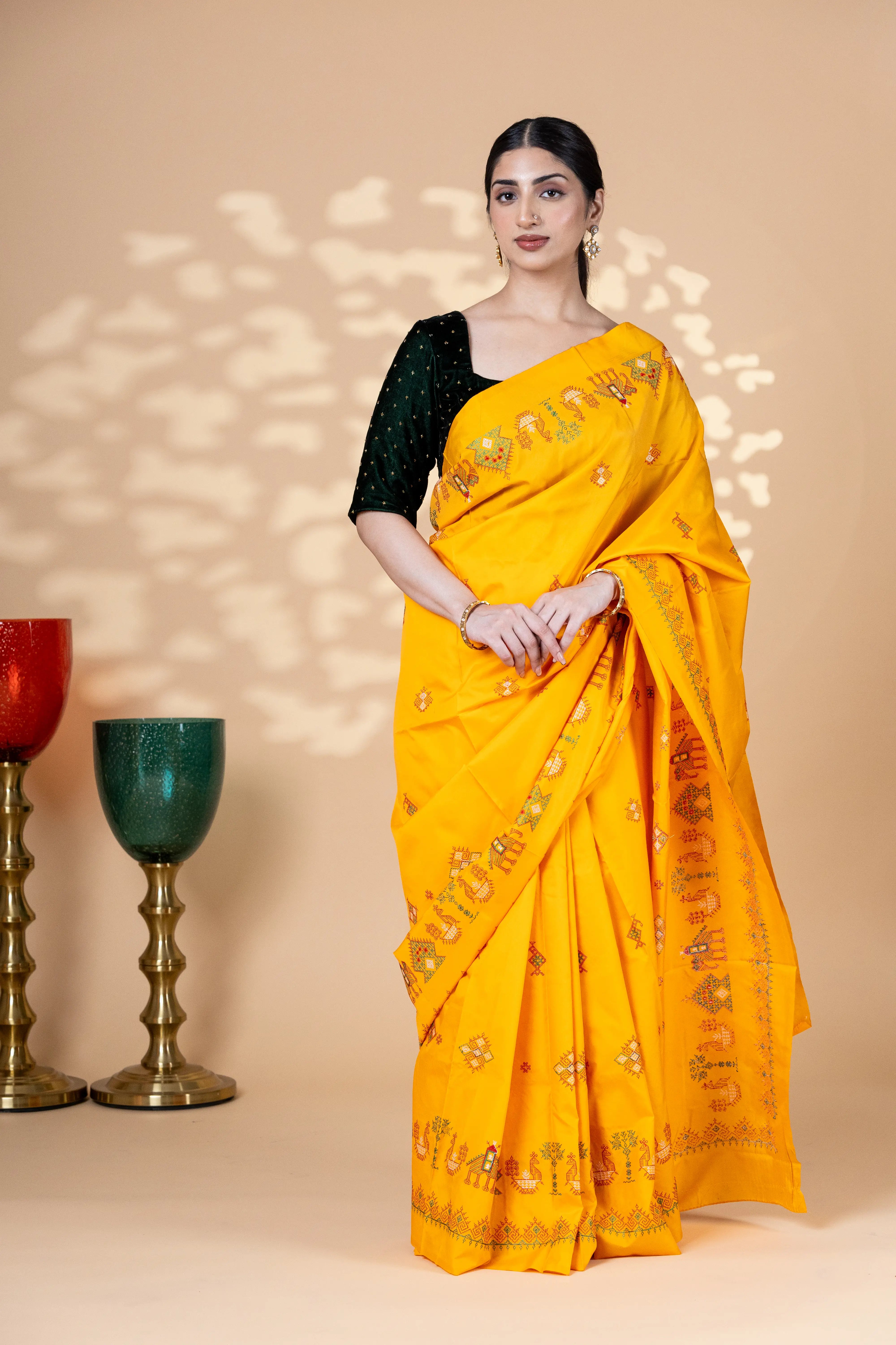 Orange Art Silk Saree With Beautiful Kasuti Embroidery