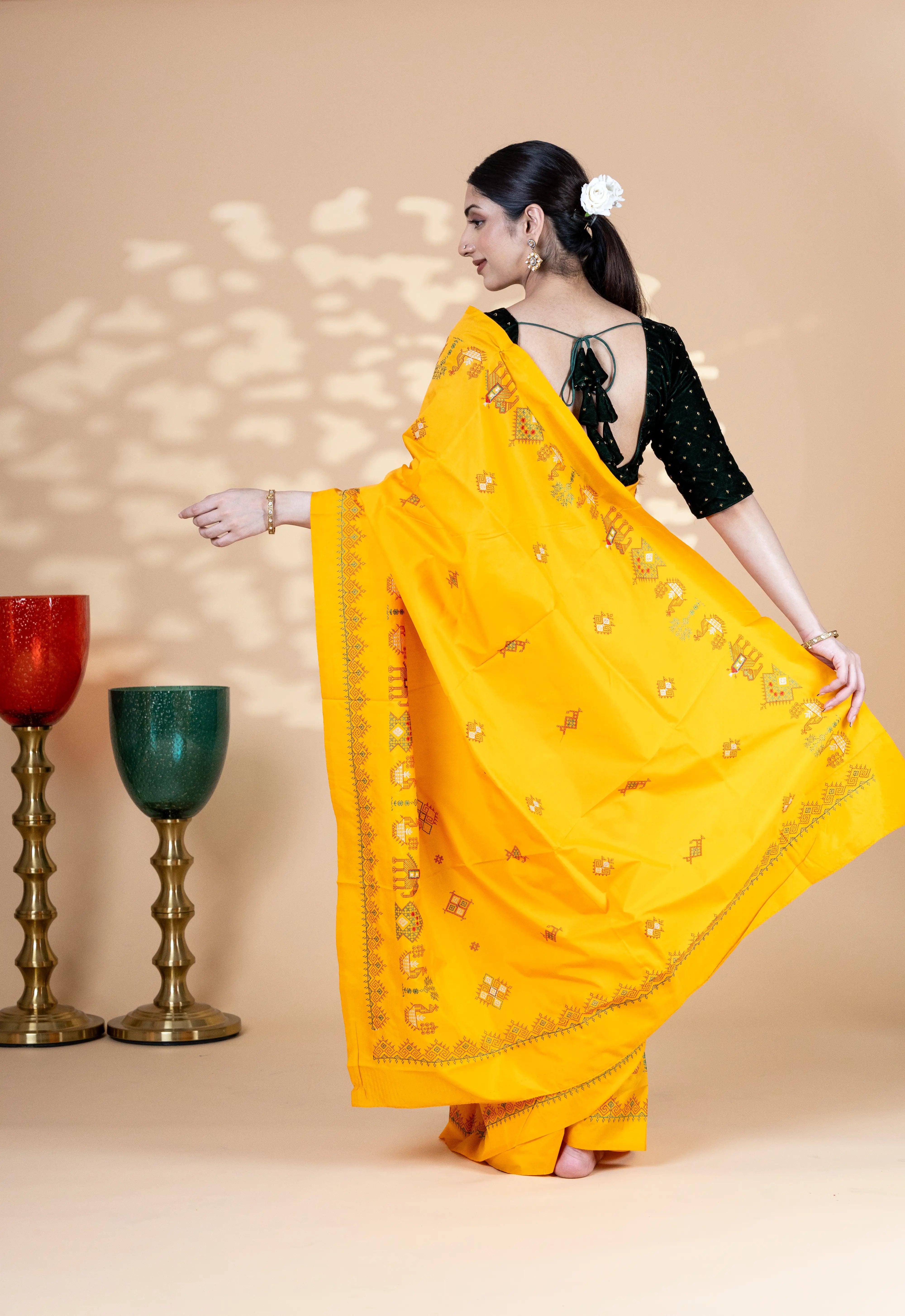 Orange Art Silk Saree With Beautiful Kasuti Embroidery