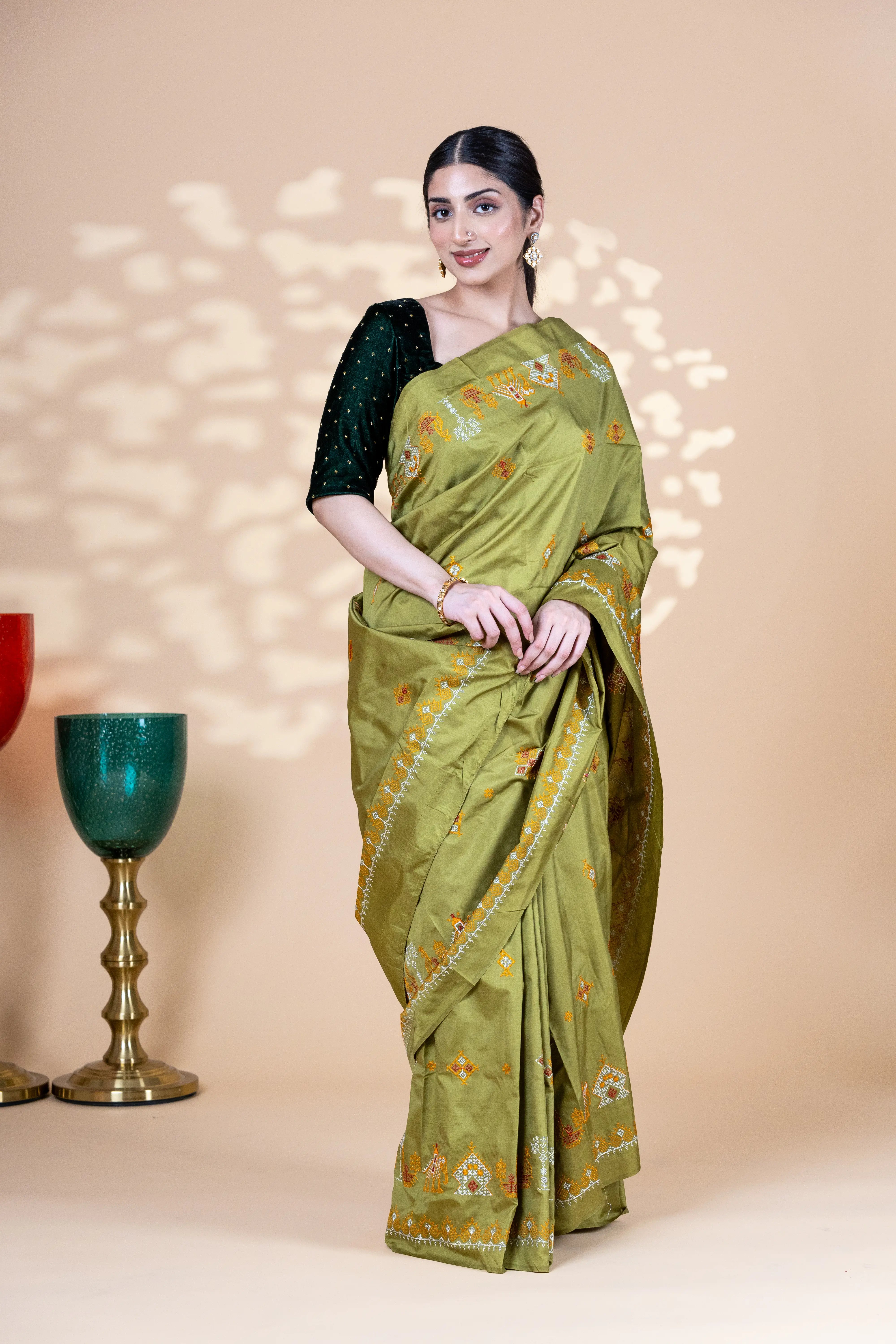 Mehendi Green Art Silk Saree With Beautiful Kasuti Embroidery